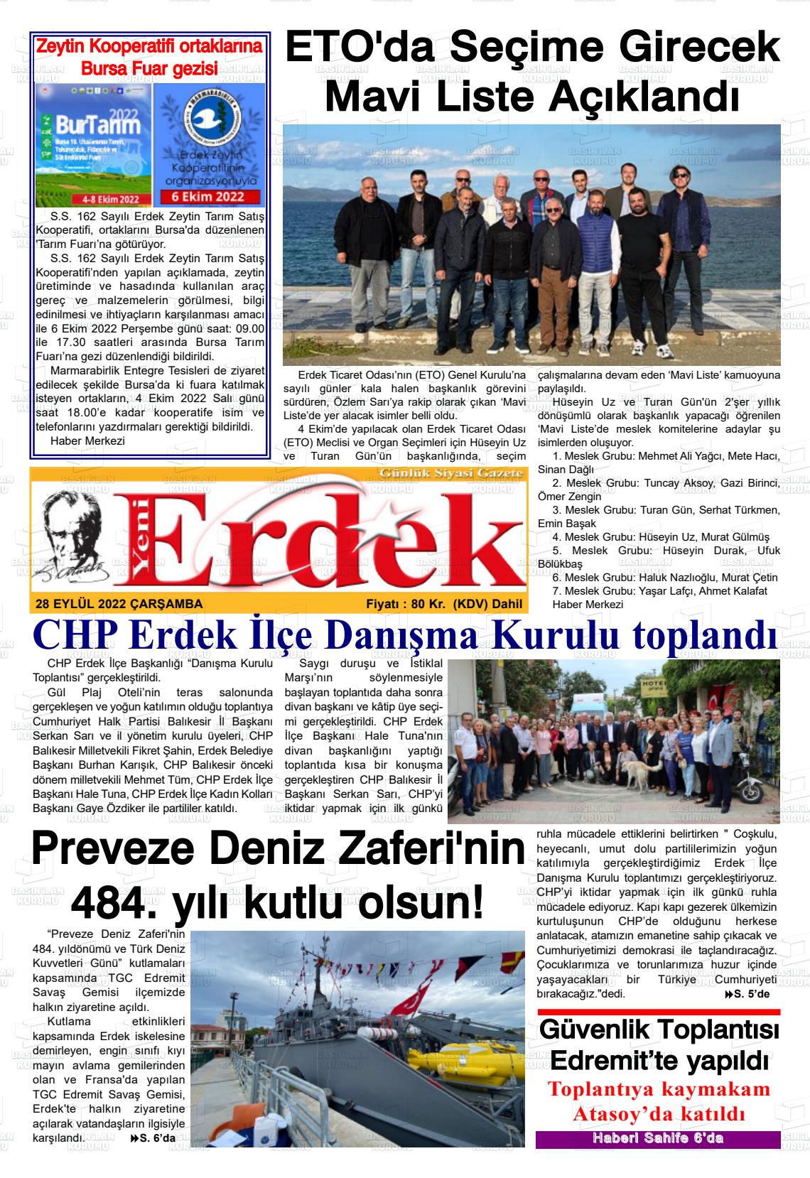 28 Eylül 2022 Yeni Erdek Gazete Manşeti