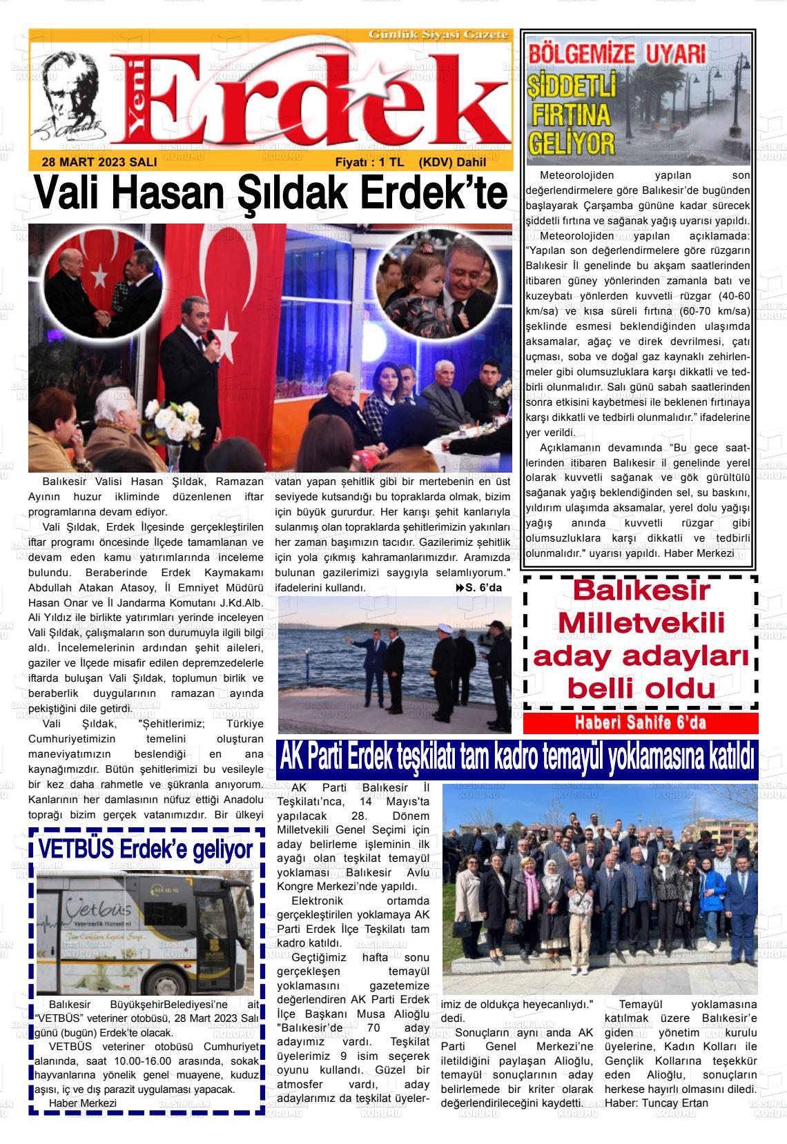 28 Mart 2023 Yeni Erdek Gazete Manşeti