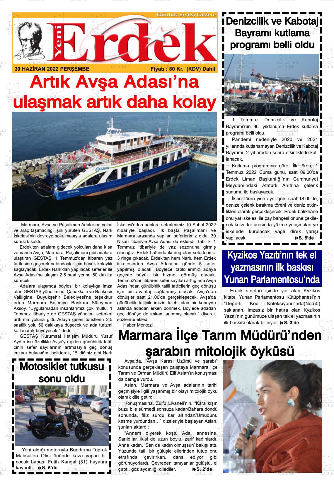 01 Temmuz 2022 Yeni Erdek Gazete Manşeti