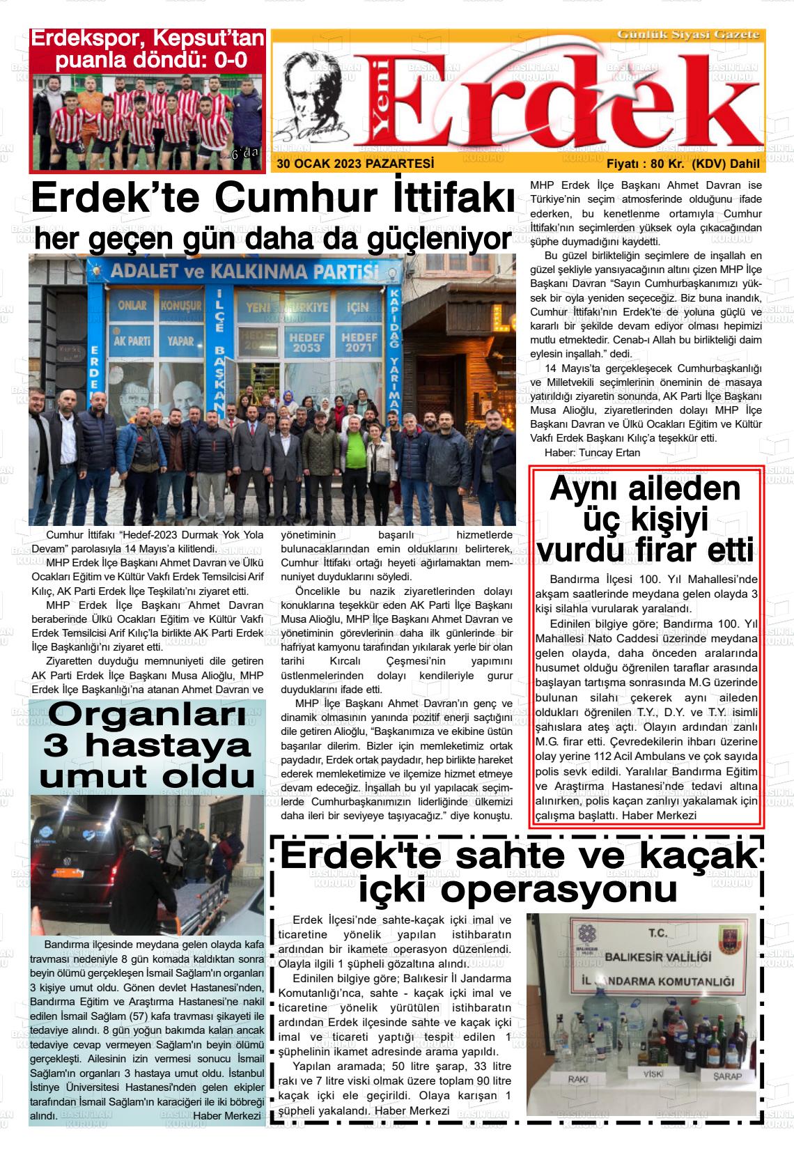 30 Ocak 2023 Yeni Erdek Gazete Manşeti