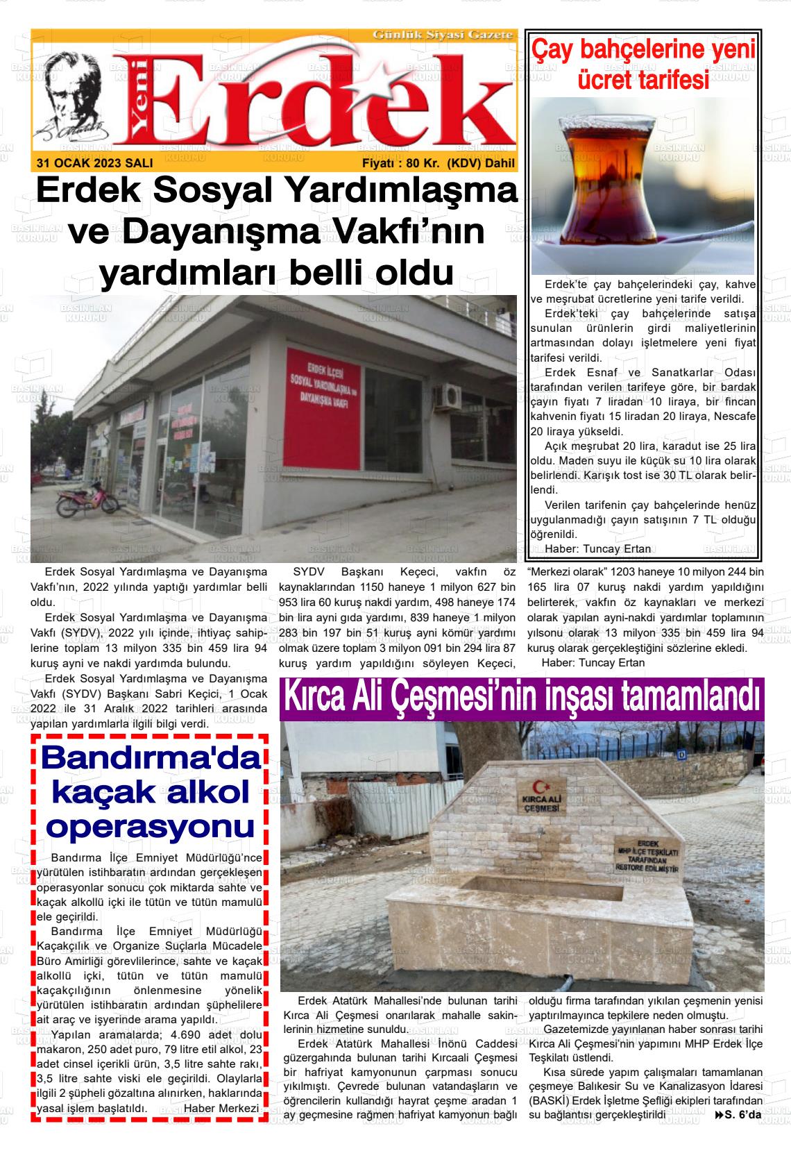 31 Ocak 2023 Yeni Erdek Gazete Manşeti