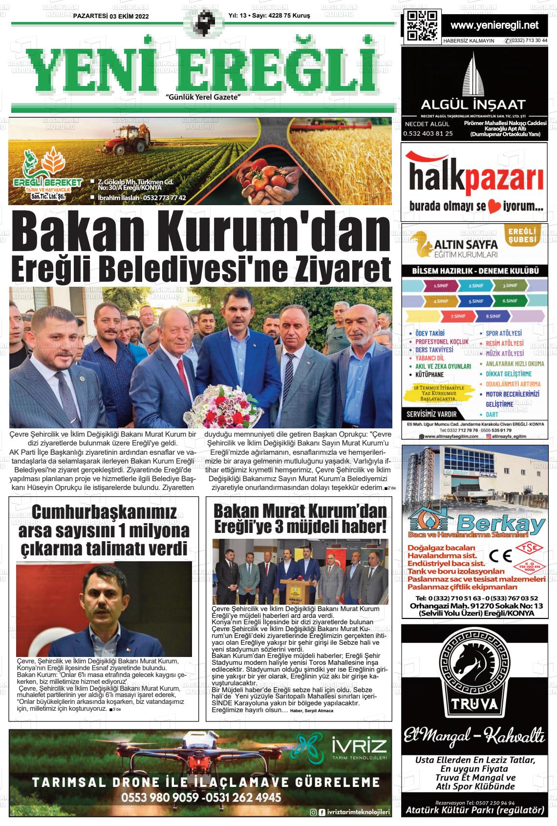 03 Ekim 2022 Yeni Ereğli Gazete Manşeti