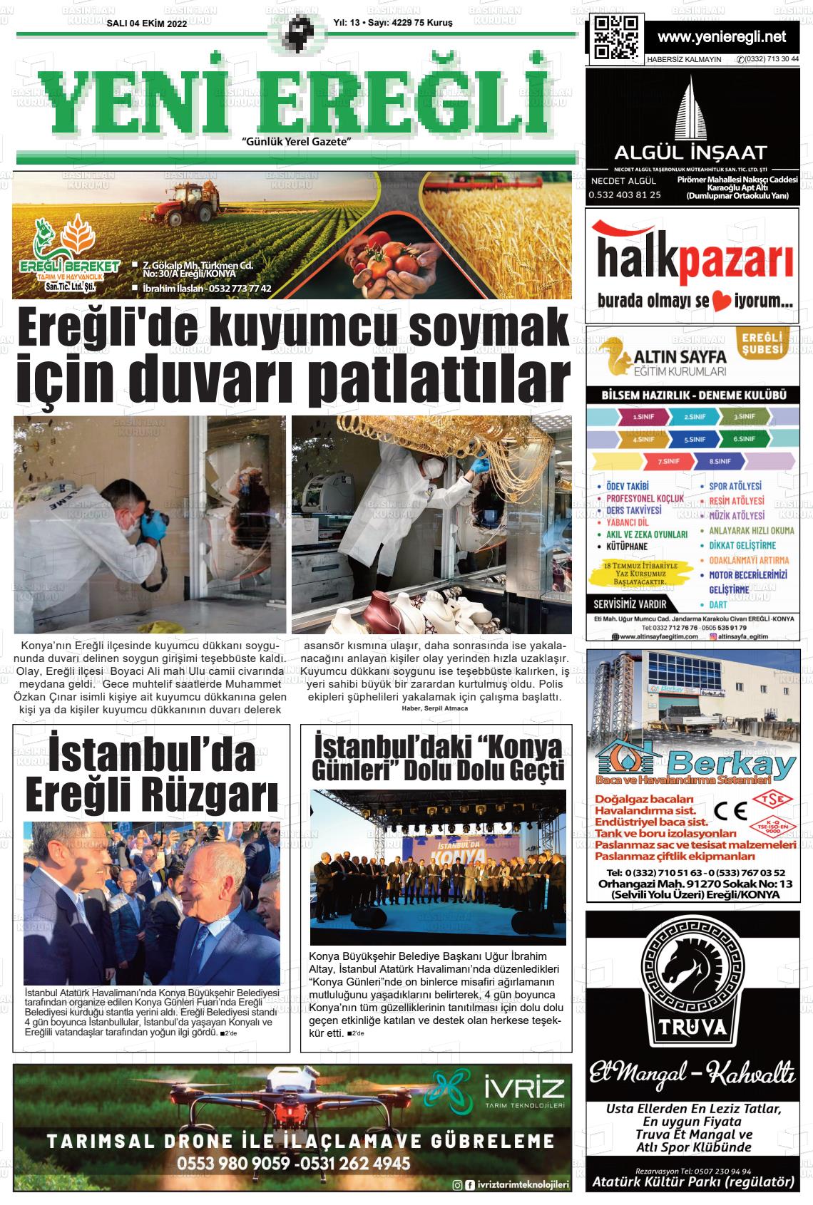 04 Ekim 2022 Yeni Ereğli Gazete Manşeti