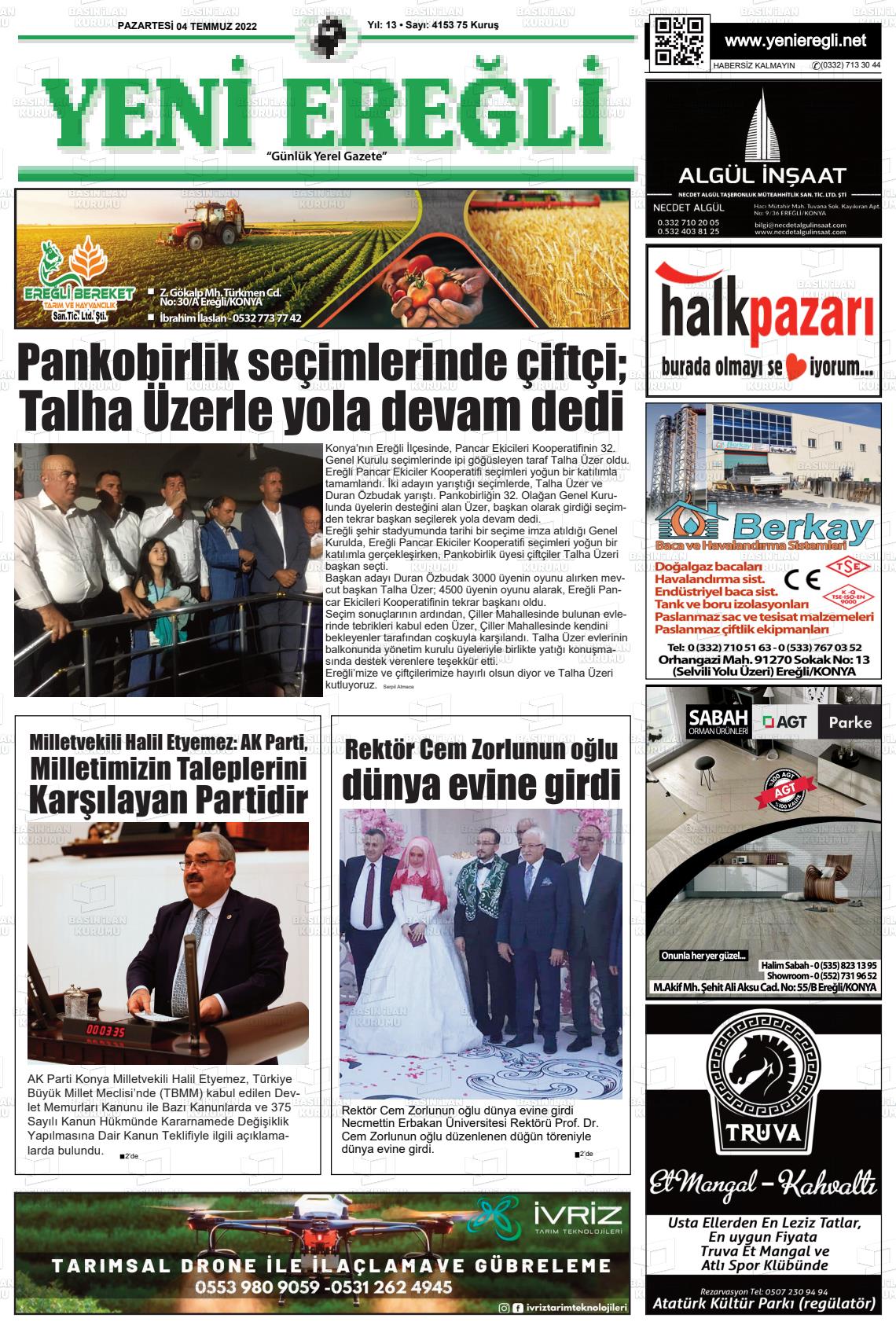 04 Temmuz 2022 Yeni Ereğli Gazete Manşeti