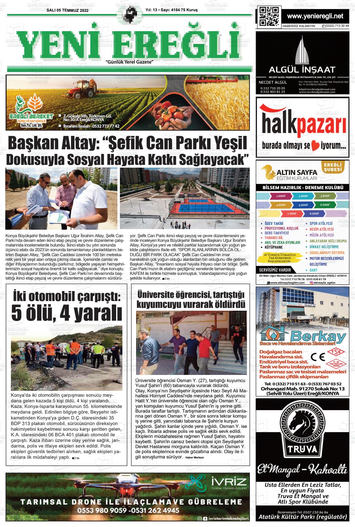 05 Temmuz 2022 Yeni Ereğli Gazete Manşeti