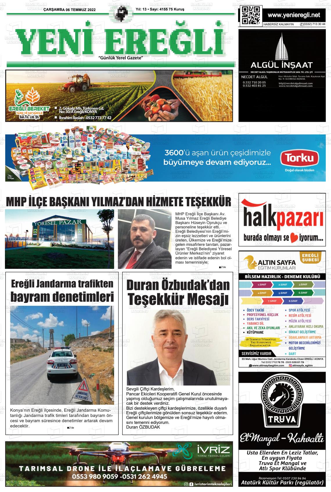06 Temmuz 2022 Yeni Ereğli Gazete Manşeti