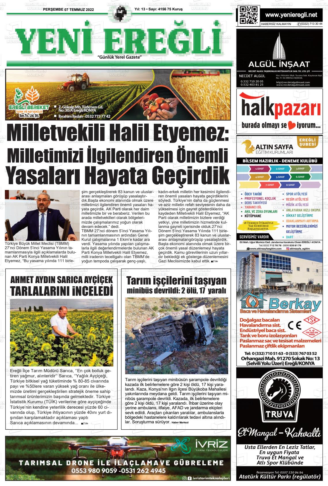 07 Temmuz 2022 Yeni Ereğli Gazete Manşeti