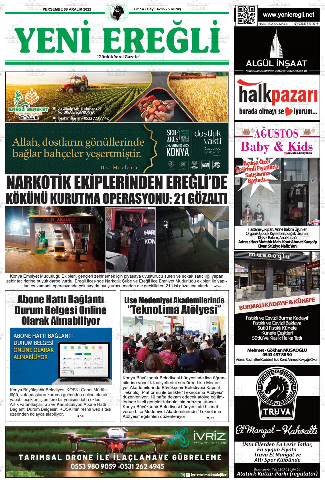 08 Aralık 2022 Yeni Ereğli Gazete Manşeti