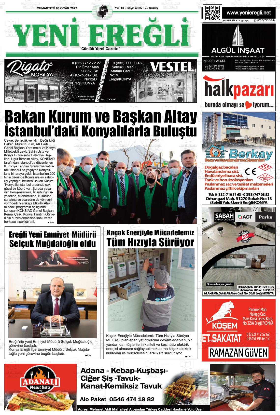 08 Ocak 2022 Yeni Ereğli Gazete Manşeti