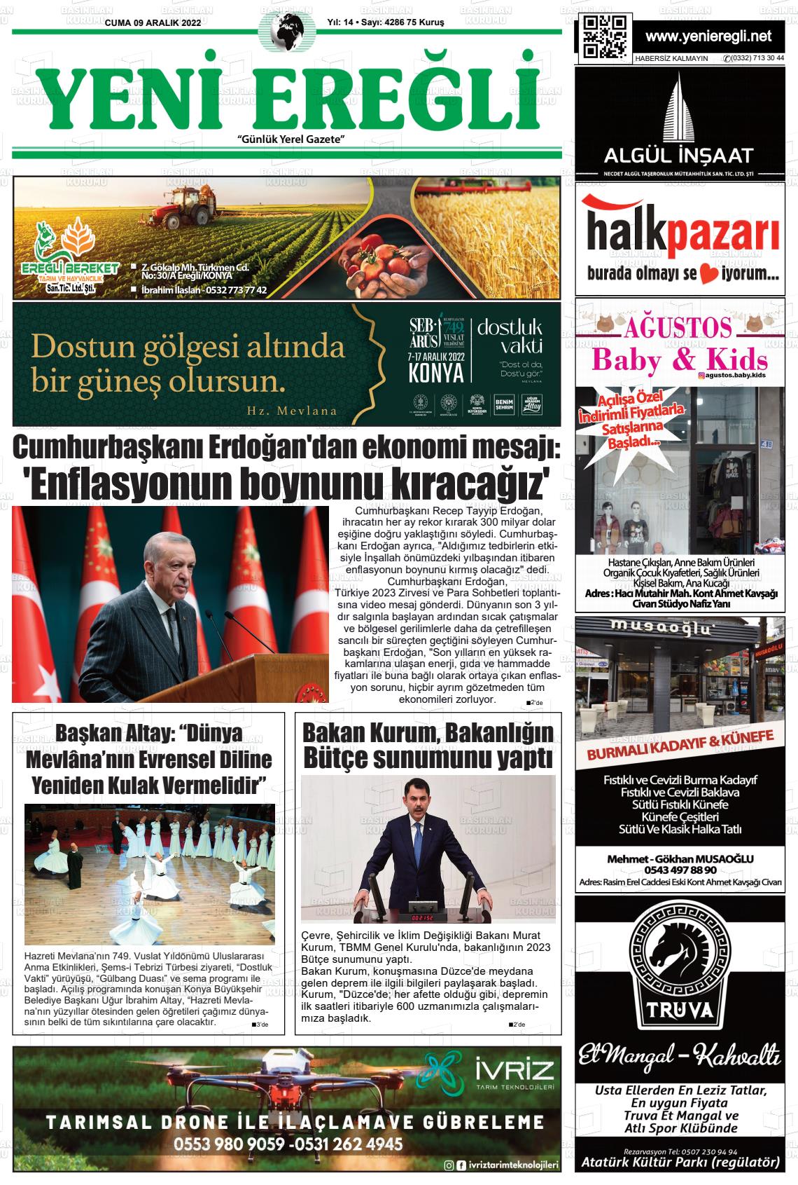 09 Aralık 2022 Yeni Ereğli Gazete Manşeti
