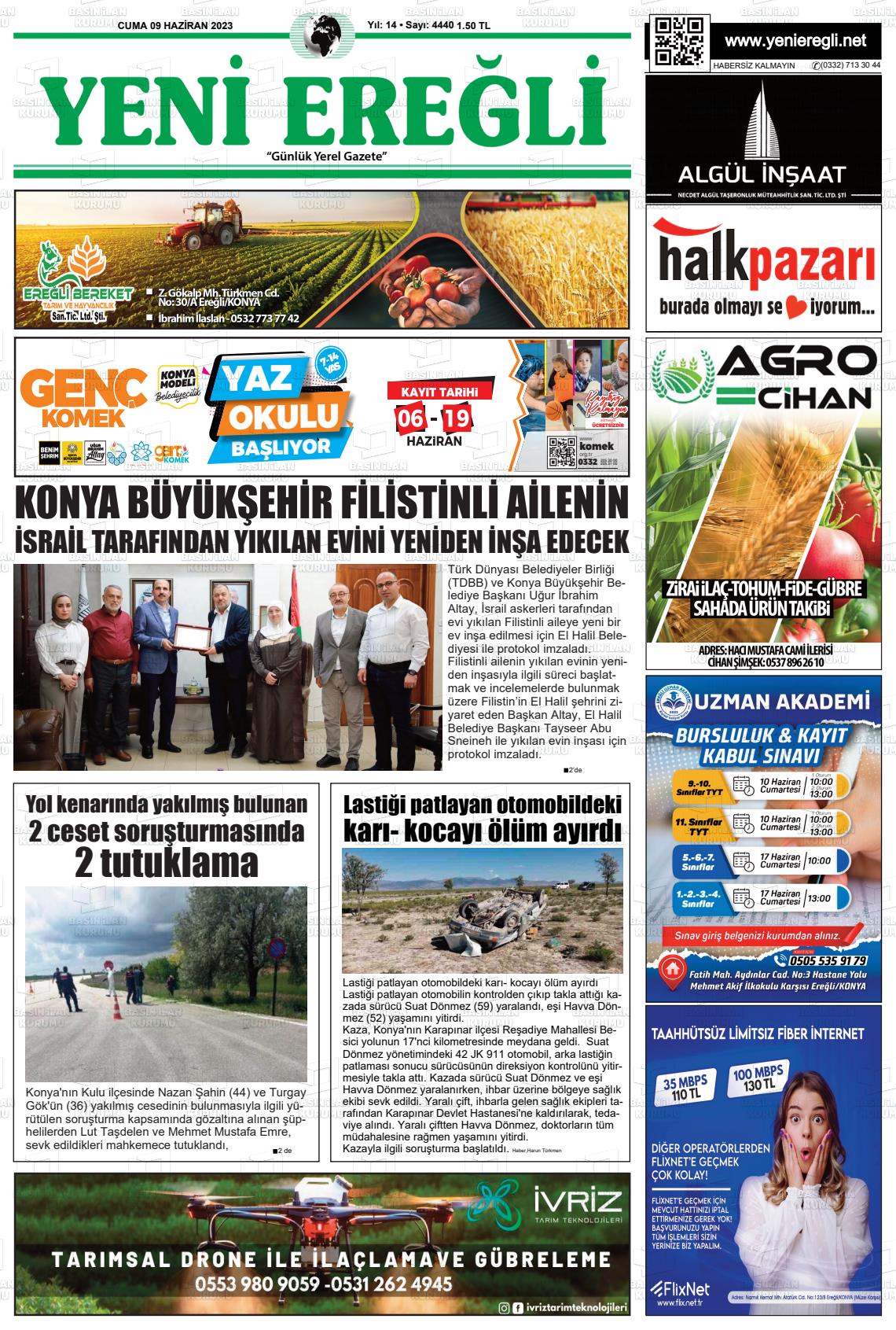 09 Haziran 2023 Yeni Ereğli Gazete Manşeti