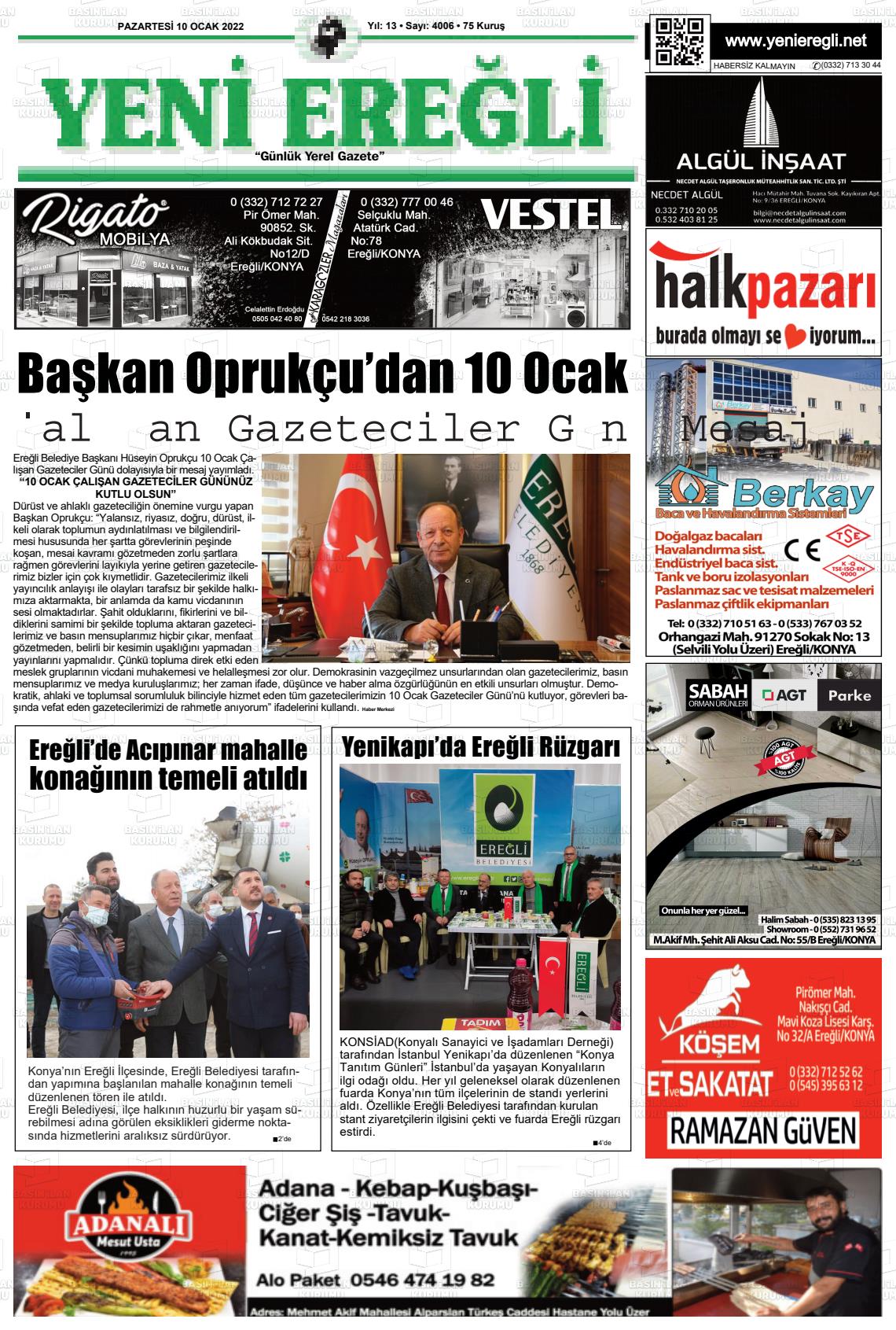 10 Ocak 2022 Yeni Ereğli Gazete Manşeti