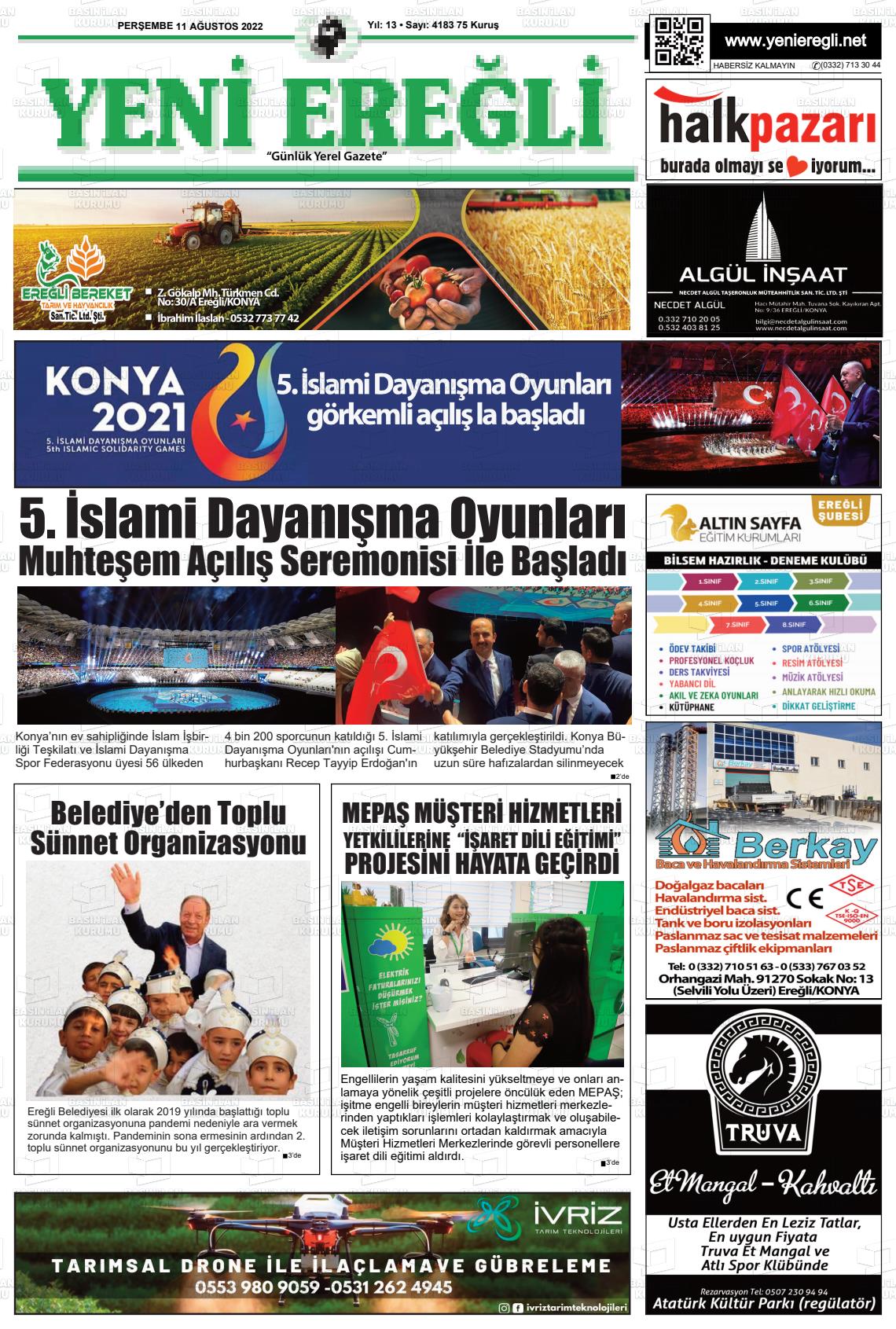 11 Ağustos 2022 Yeni Ereğli Gazete Manşeti