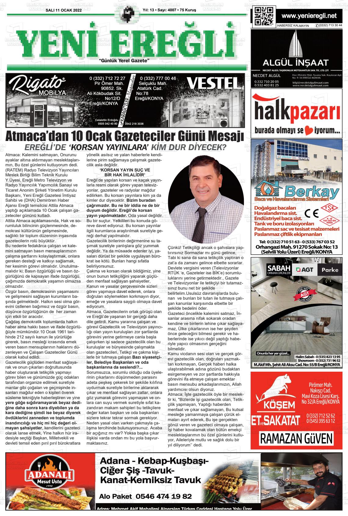 11 Ocak 2022 Yeni Ereğli Gazete Manşeti