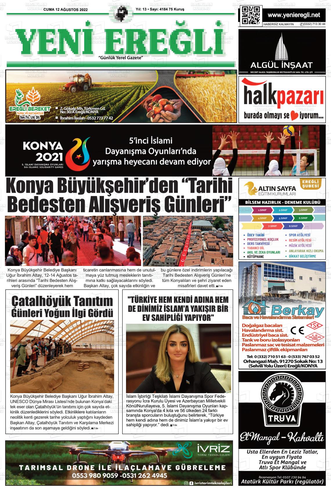 12 Ağustos 2022 Yeni Ereğli Gazete Manşeti