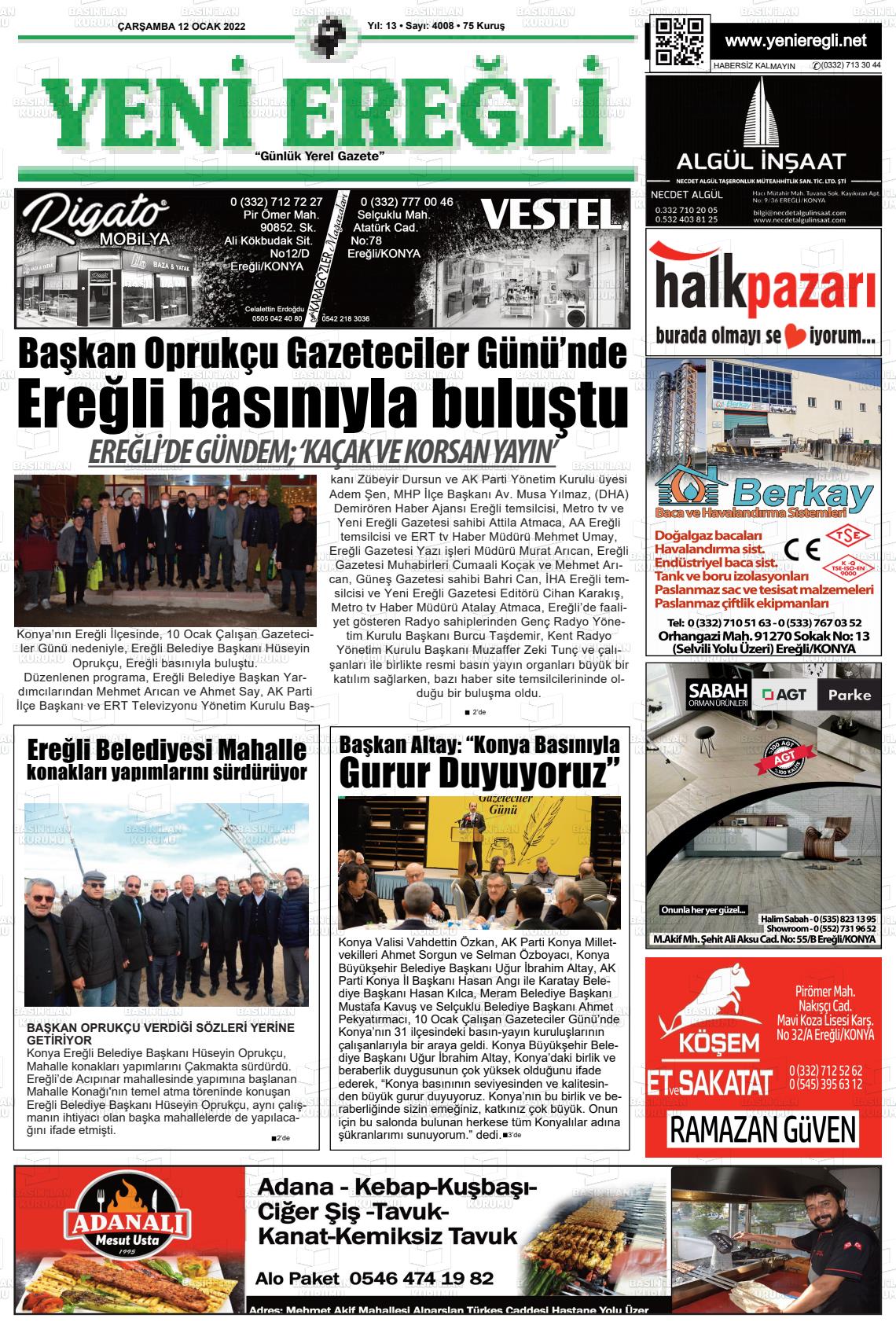 12 Ocak 2022 Yeni Ereğli Gazete Manşeti