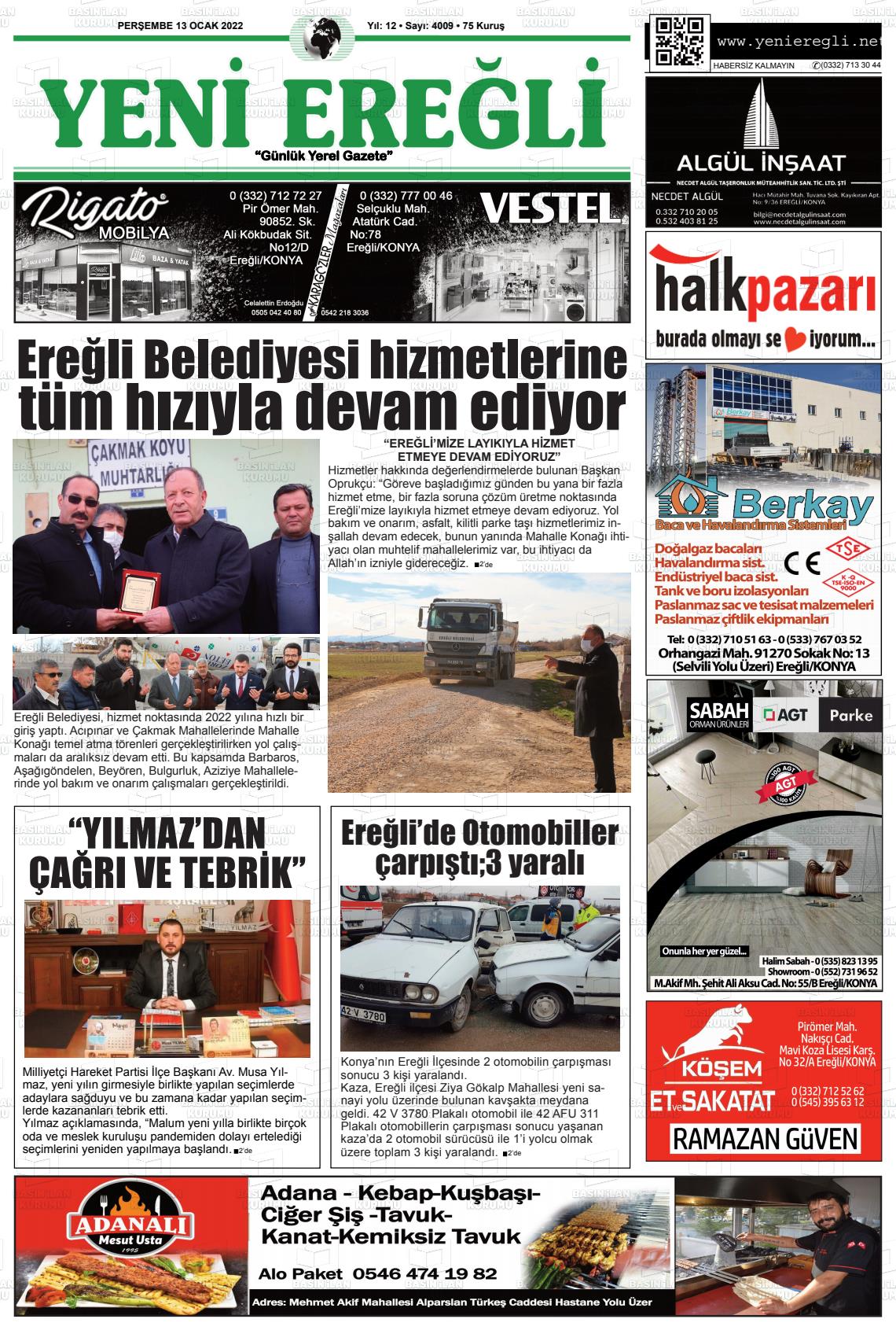 13 Ocak 2022 Yeni Ereğli Gazete Manşeti