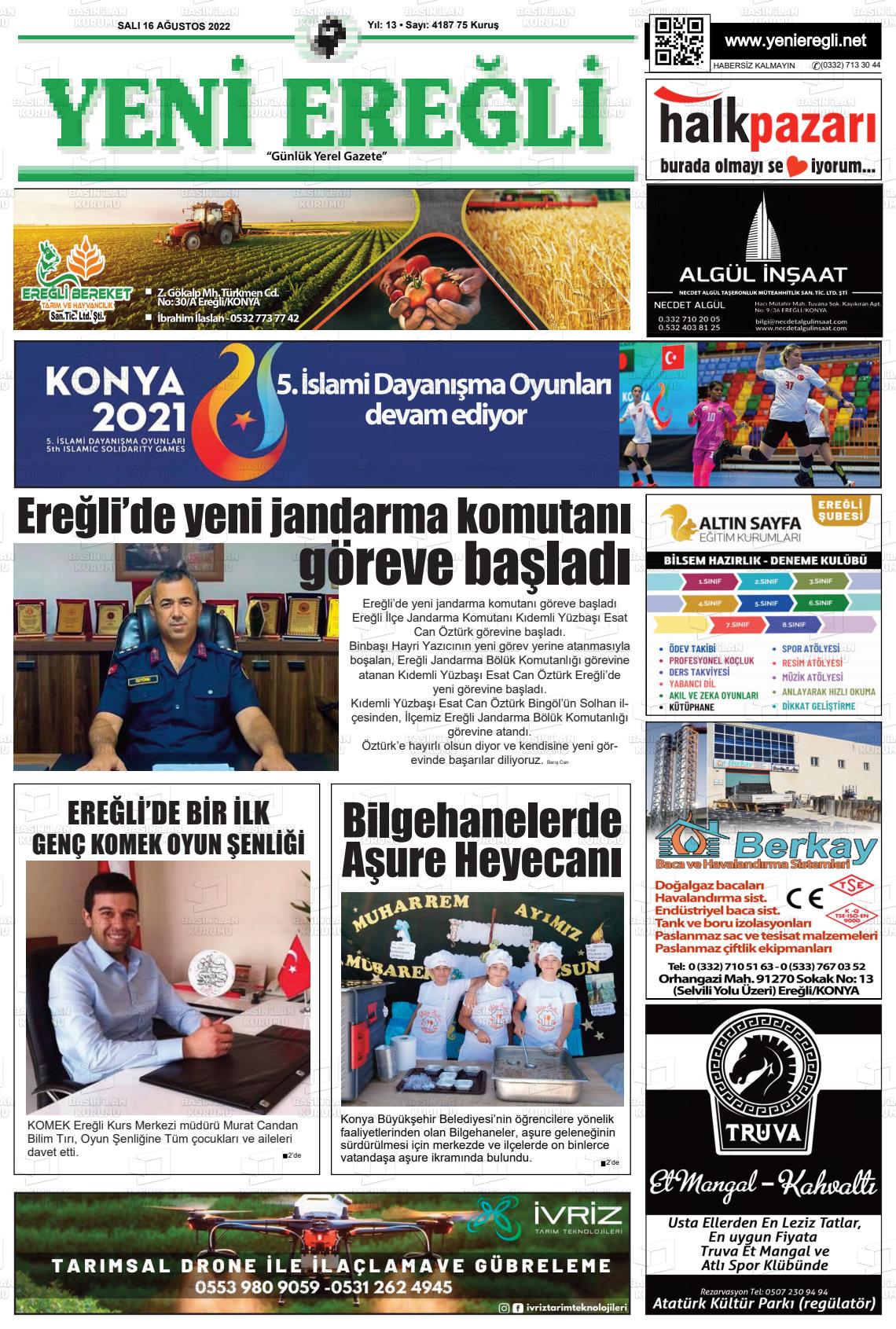 16 Ağustos 2022 Yeni Ereğli Gazete Manşeti