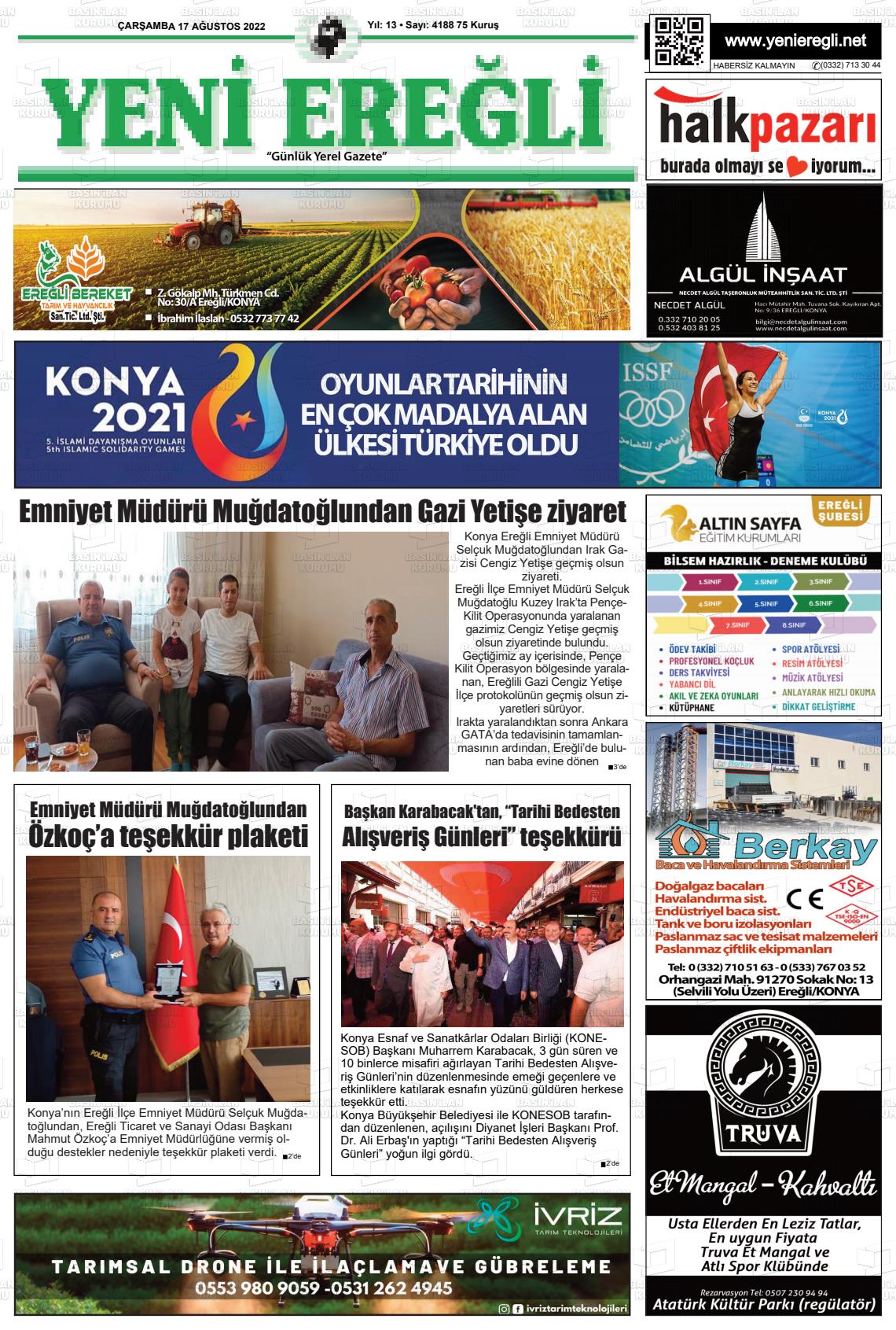 17 Ağustos 2022 Yeni Ereğli Gazete Manşeti