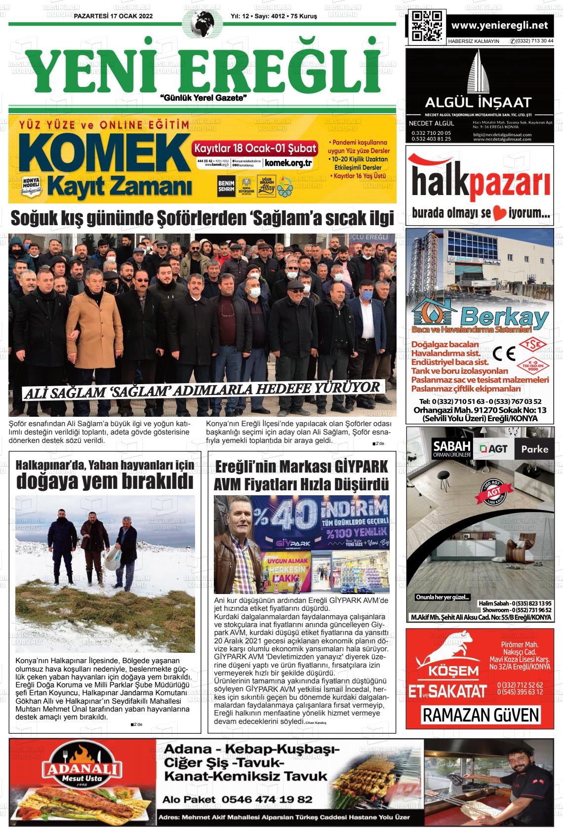 17 Ocak 2022 Yeni Ereğli Gazete Manşeti