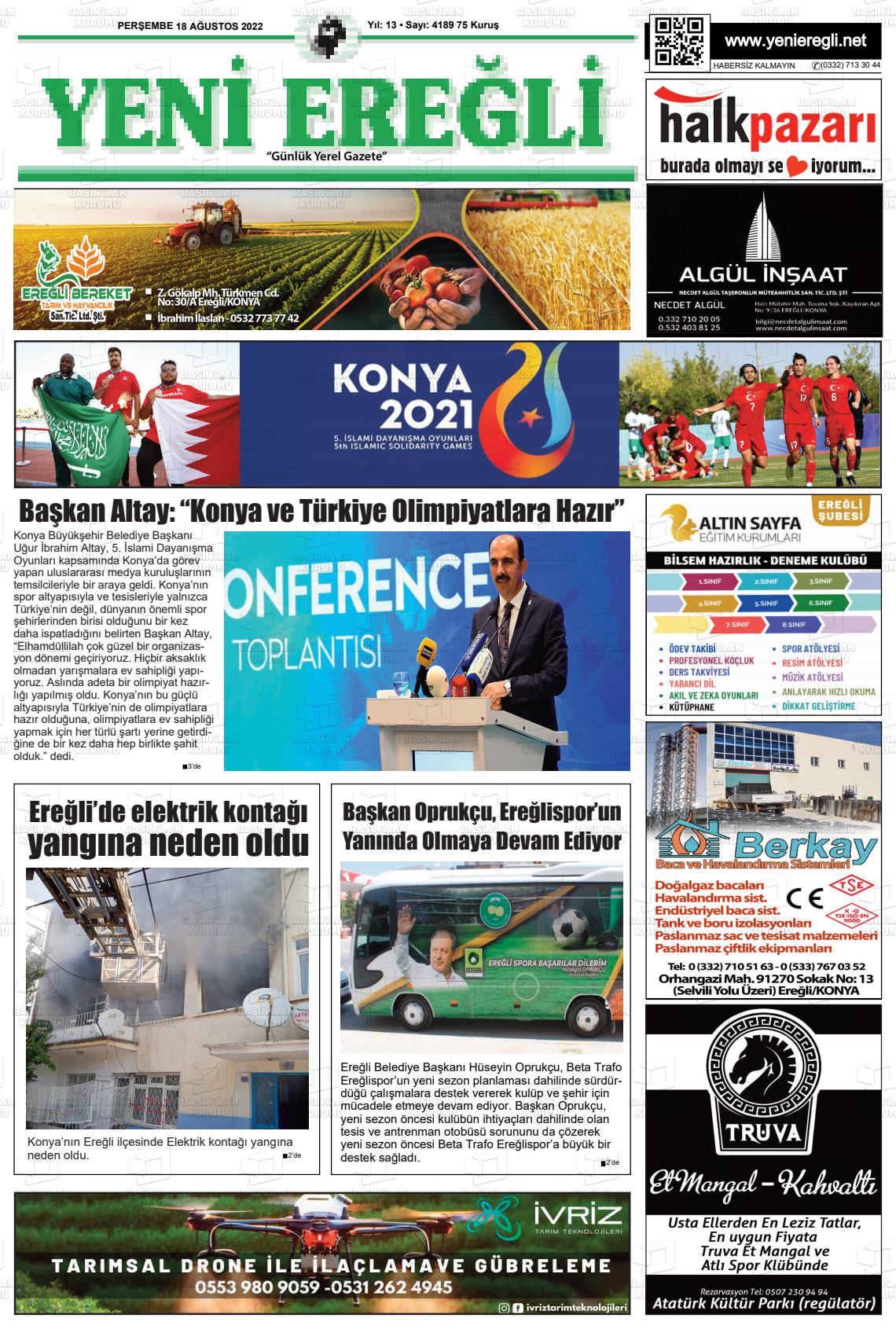 18 Ağustos 2022 Yeni Ereğli Gazete Manşeti