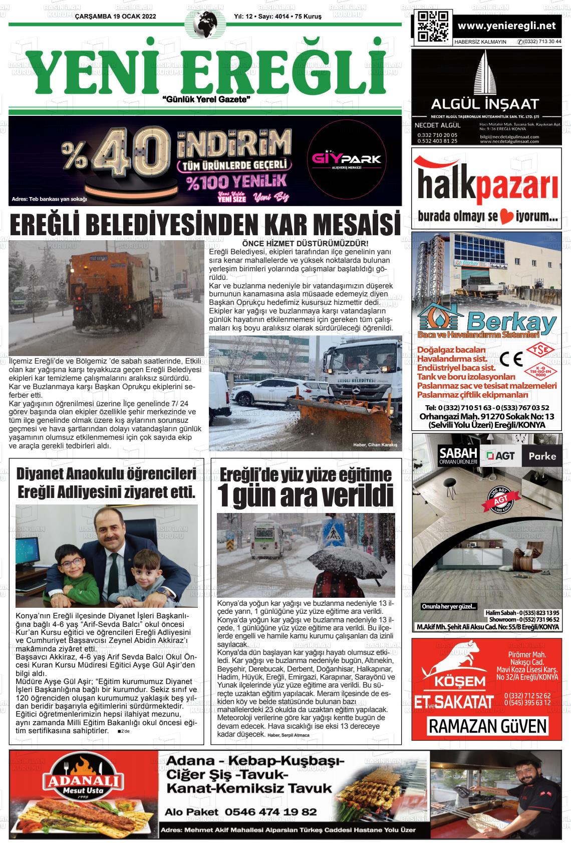19 Ocak 2022 Yeni Ereğli Gazete Manşeti