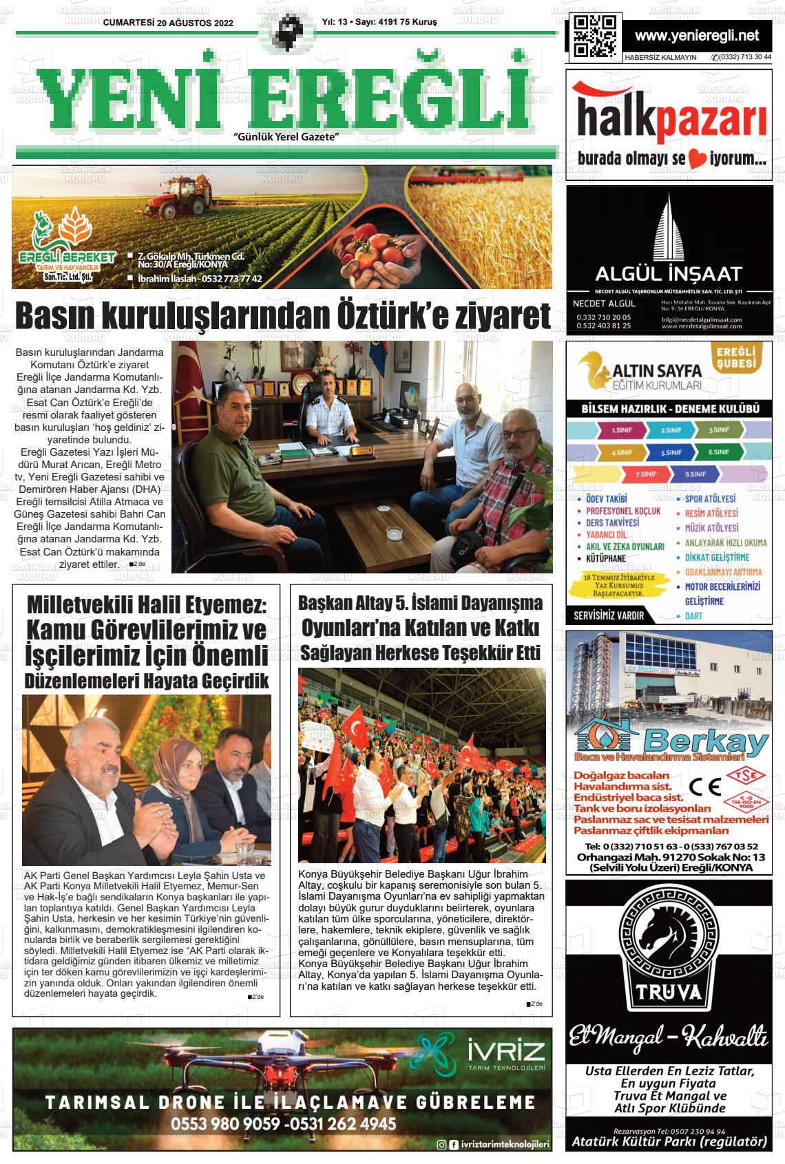 20 Ağustos 2022 Yeni Ereğli Gazete Manşeti