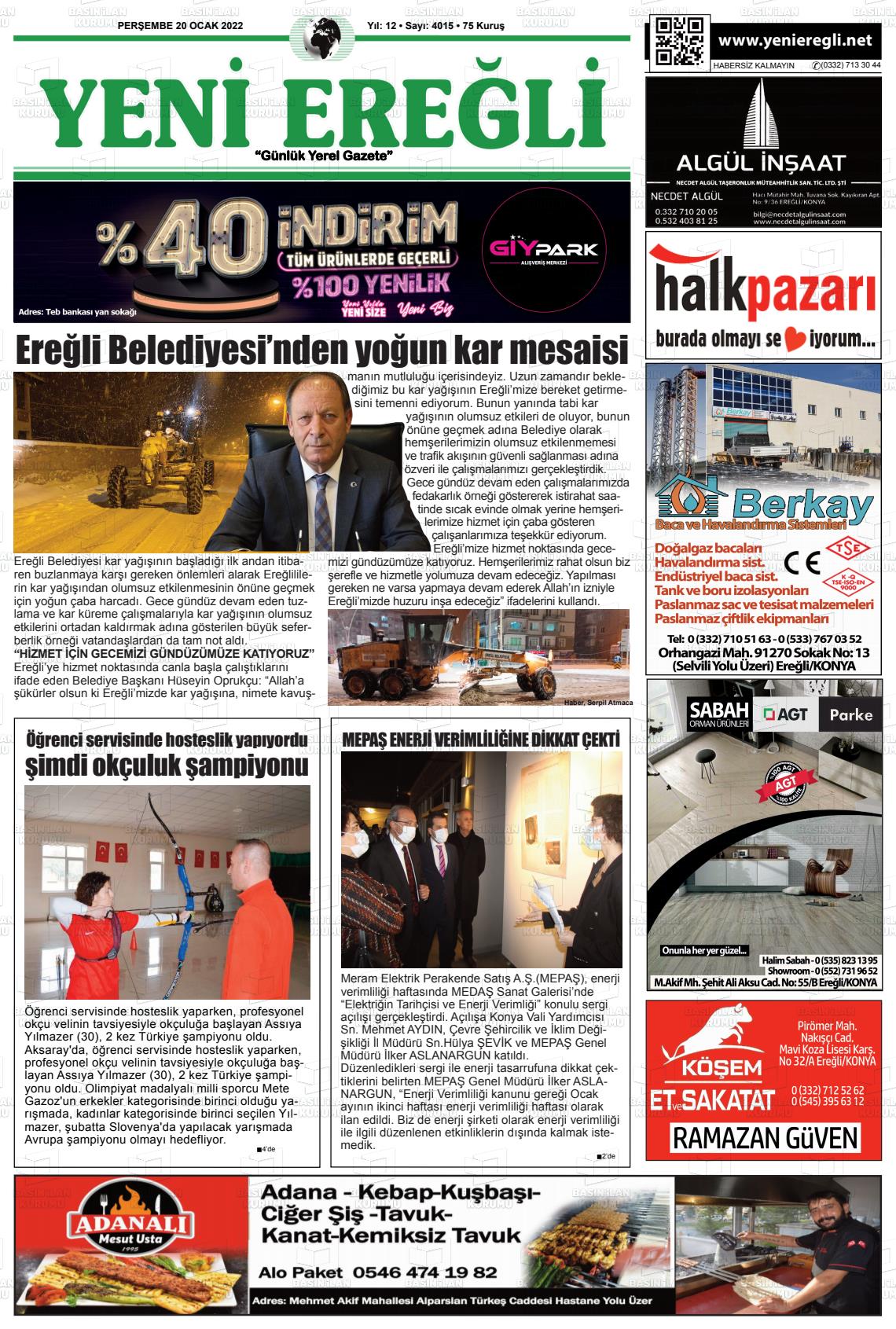 20 Ocak 2022 Yeni Ereğli Gazete Manşeti