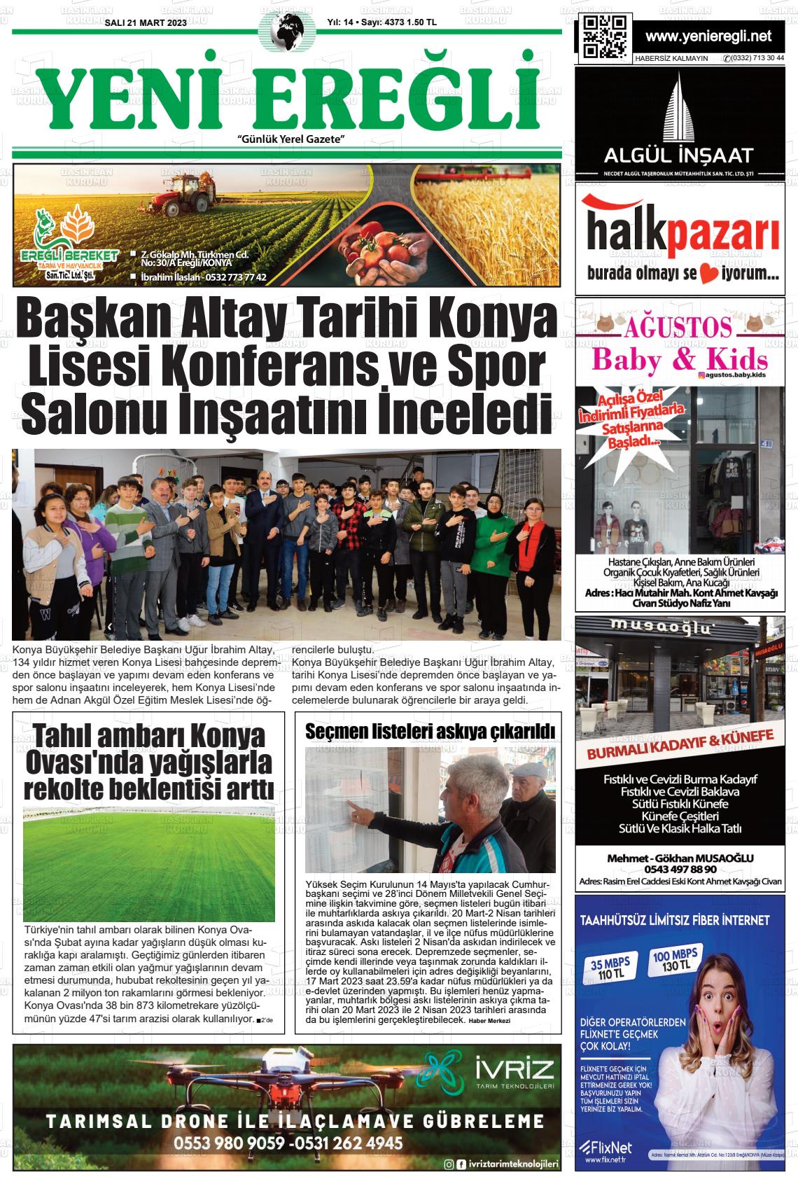 21 Mart 2023 Yeni Ereğli Gazete Manşeti