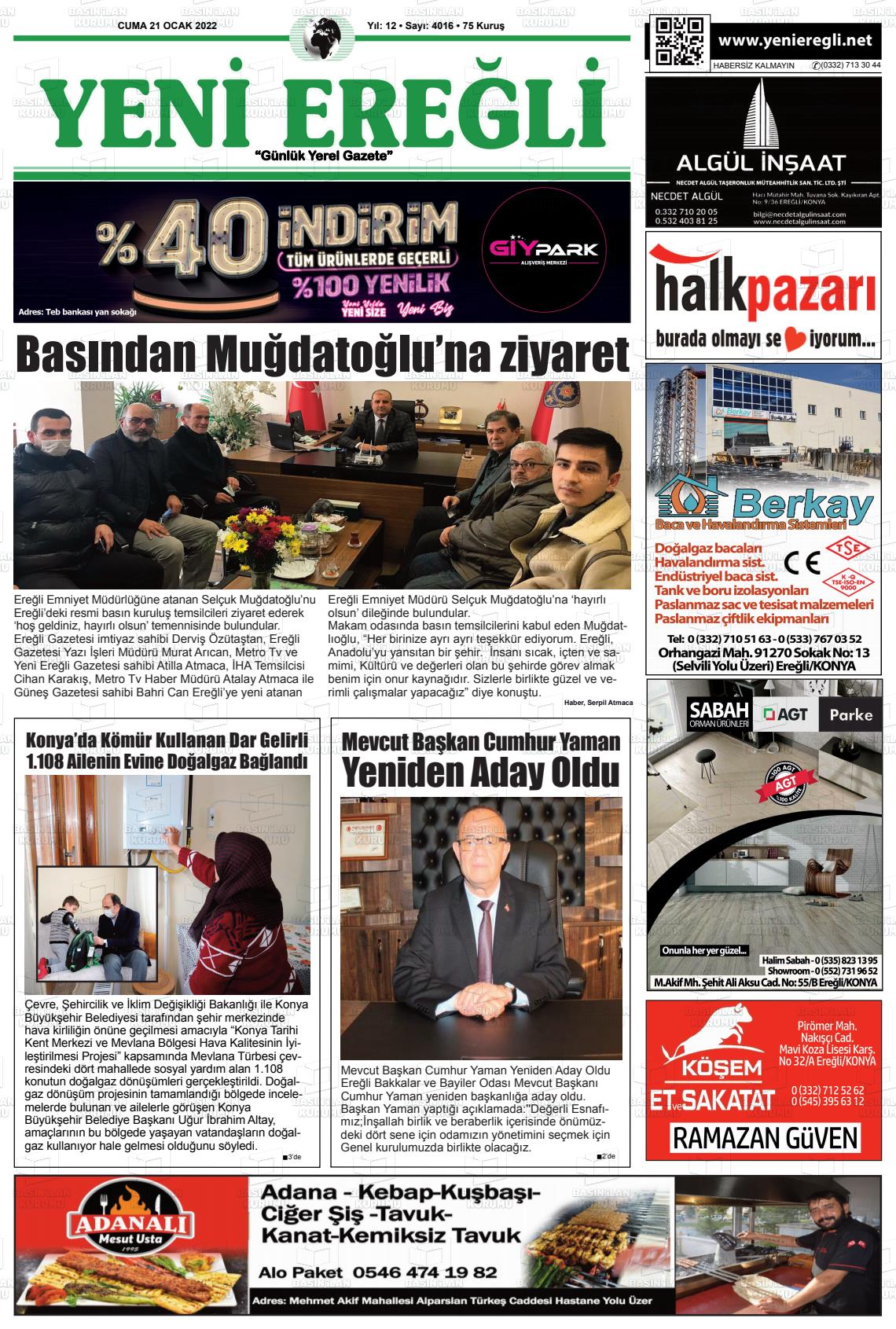 21 Ocak 2022 Yeni Ereğli Gazete Manşeti