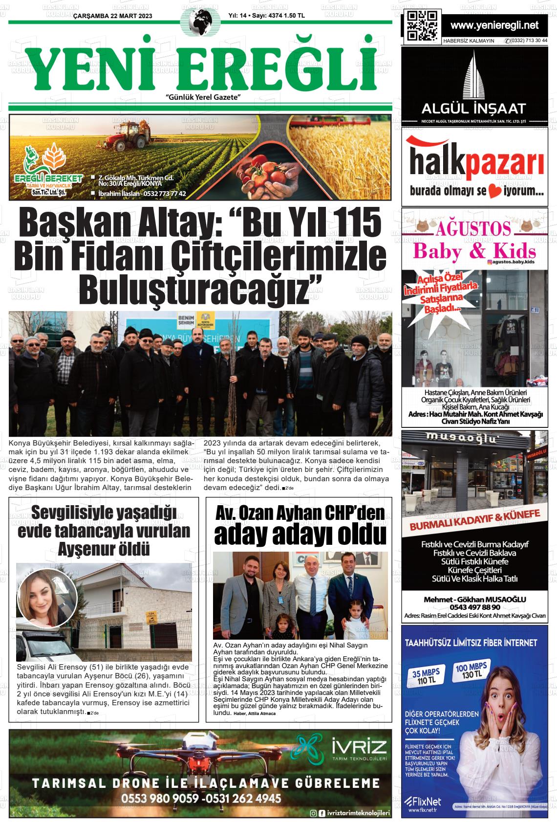 22 Mart 2023 Yeni Ereğli Gazete Manşeti
