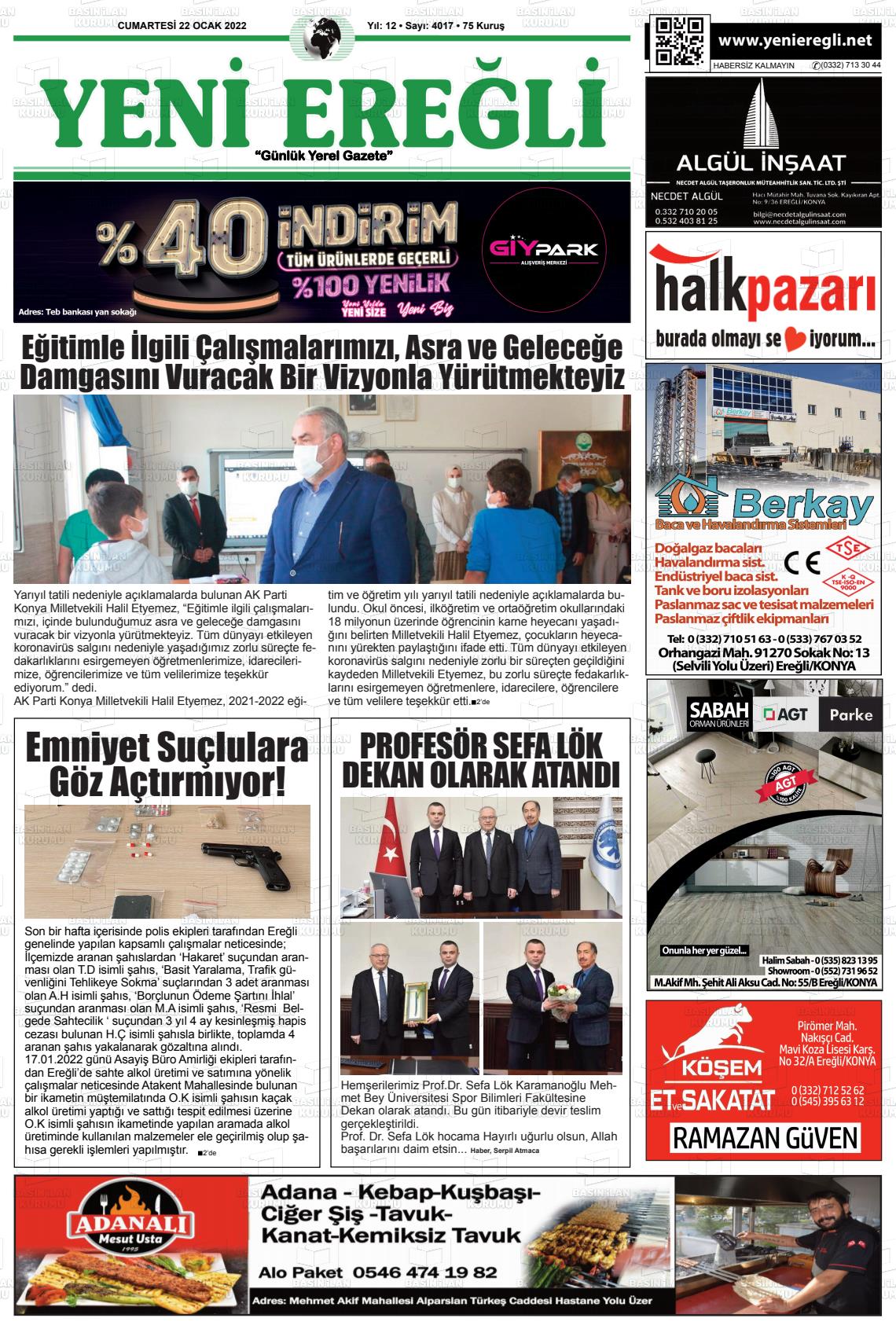 22 Ocak 2022 Yeni Ereğli Gazete Manşeti