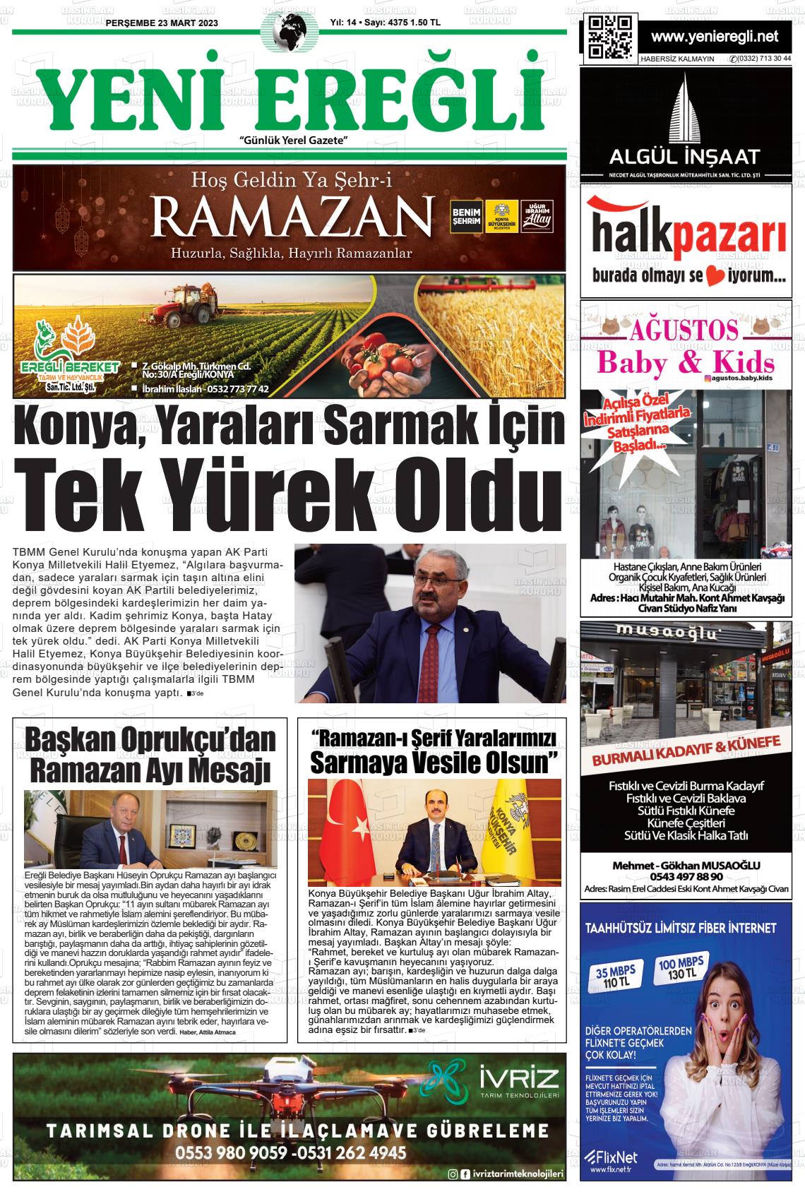 23 Mart 2023 Yeni Ereğli Gazete Manşeti