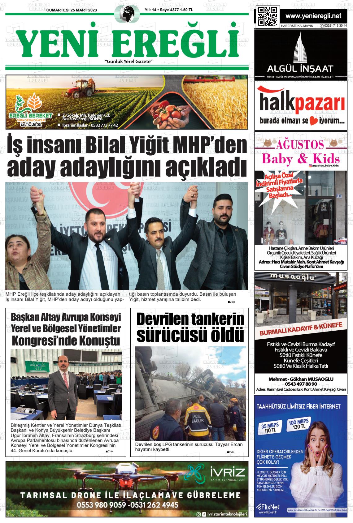 25 Mart 2023 Yeni Ereğli Gazete Manşeti