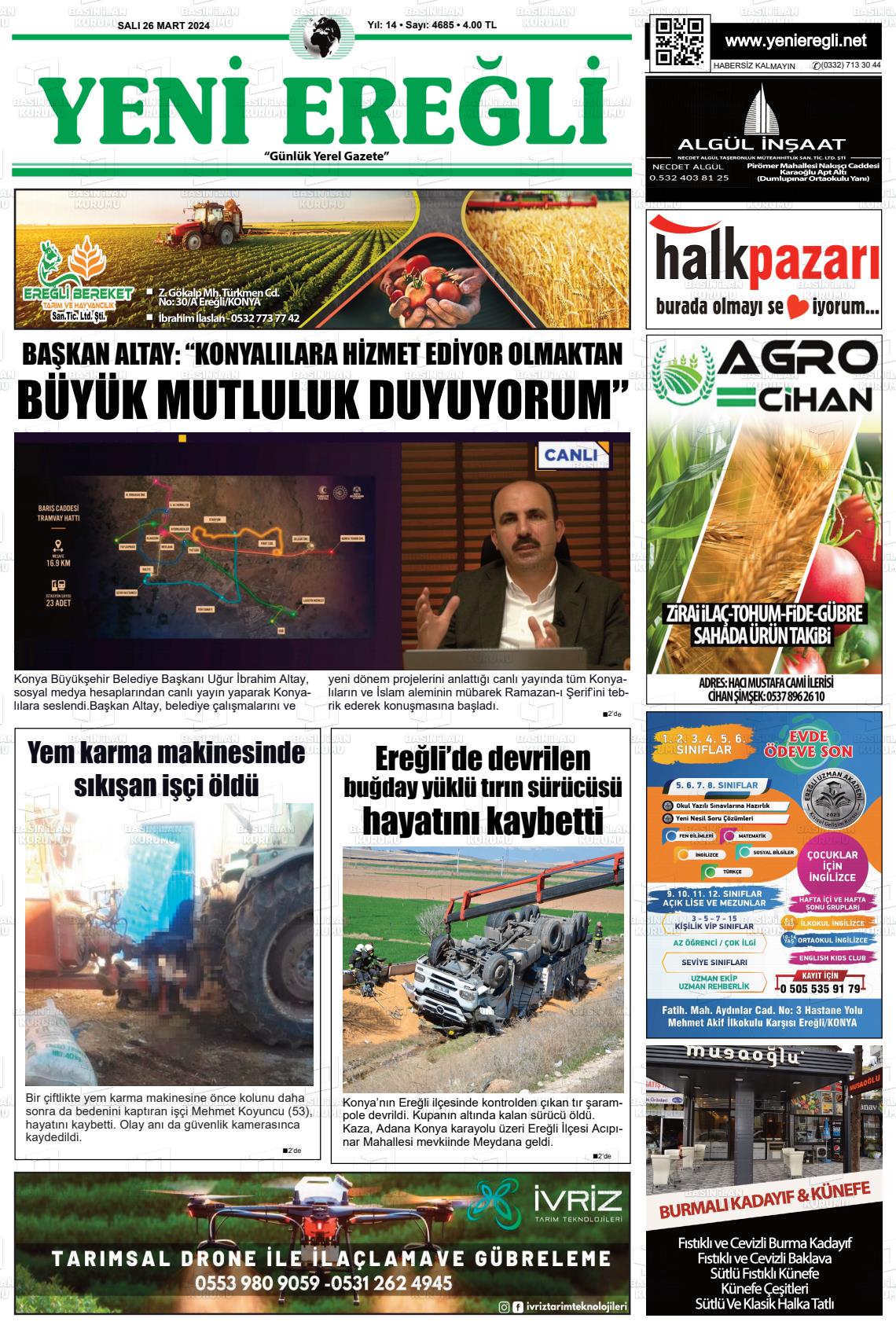 26 Mart 2024 Yeni Ereğli Gazete Manşeti
