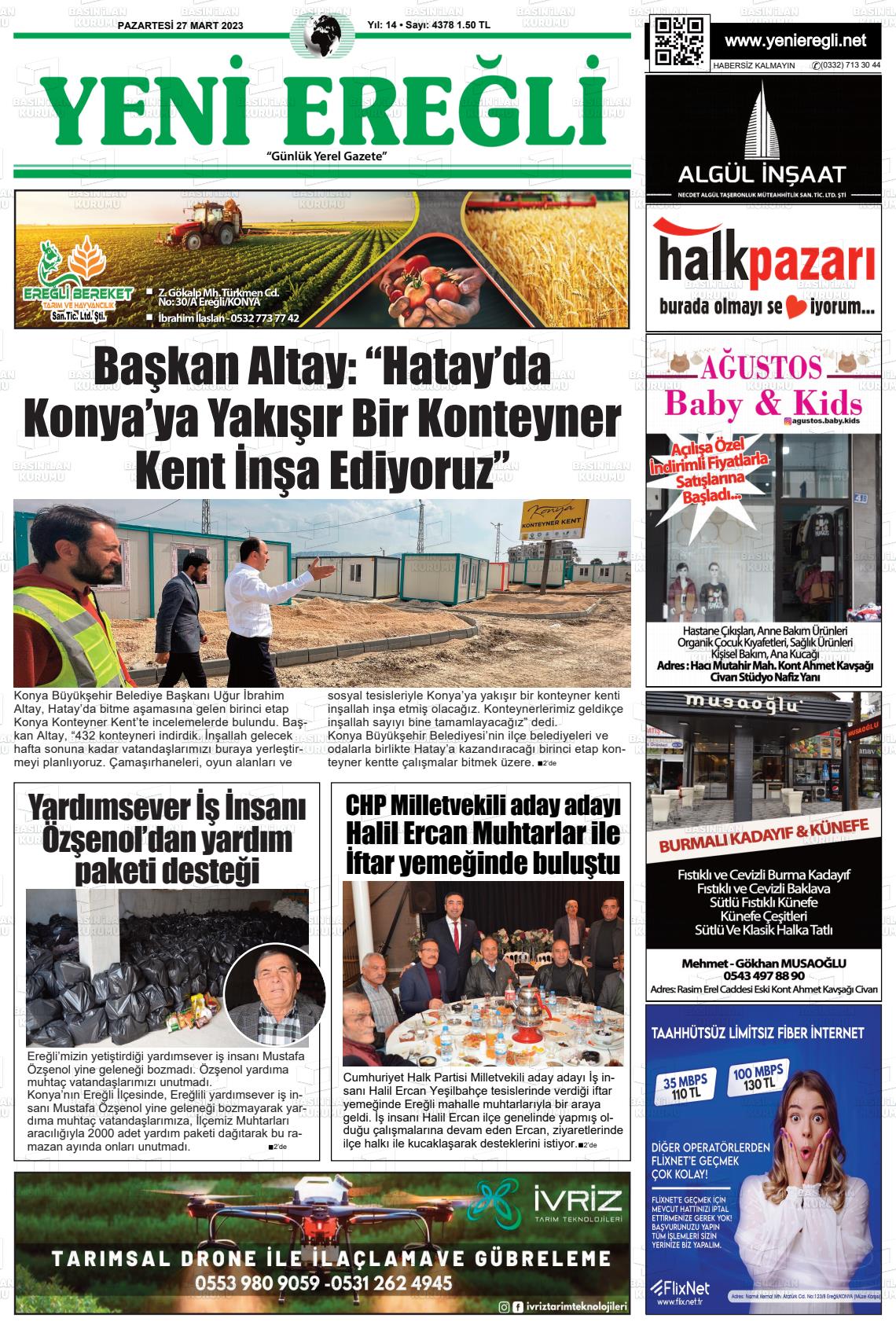 27 Mart 2023 Yeni Ereğli Gazete Manşeti