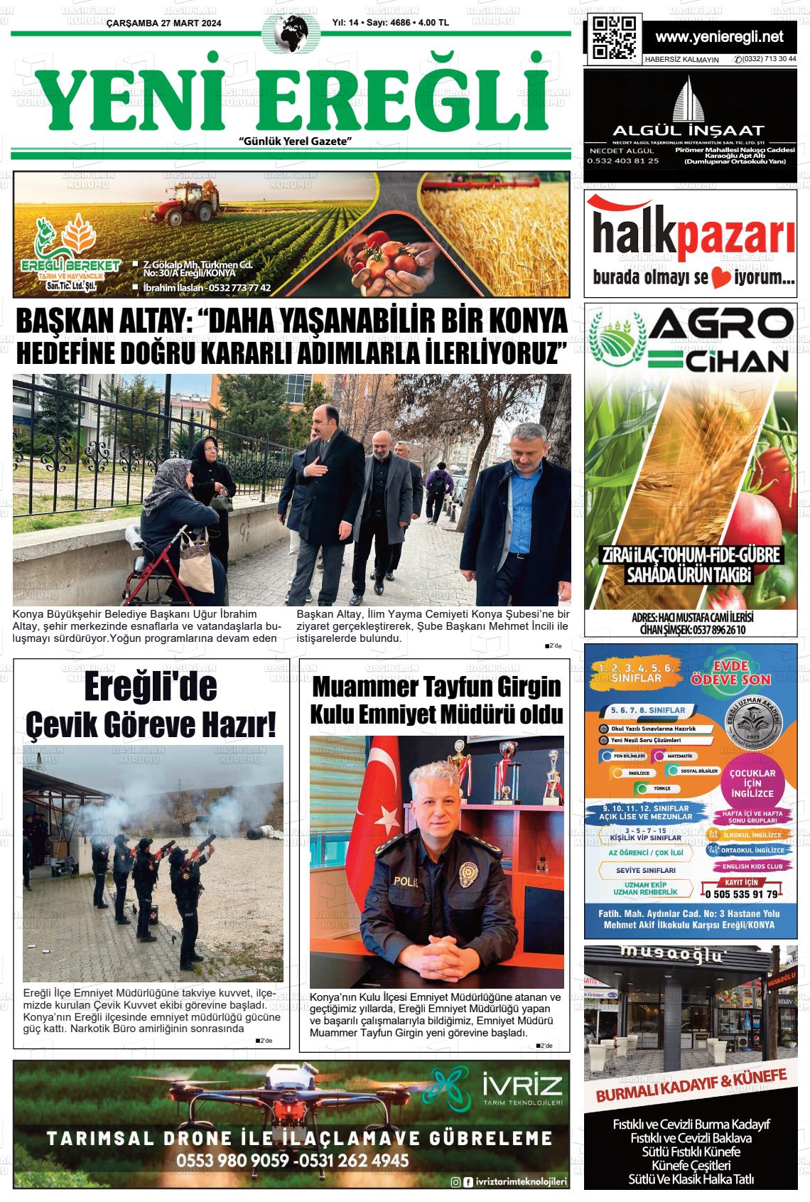 27 Mart 2024 Yeni Ereğli Gazete Manşeti