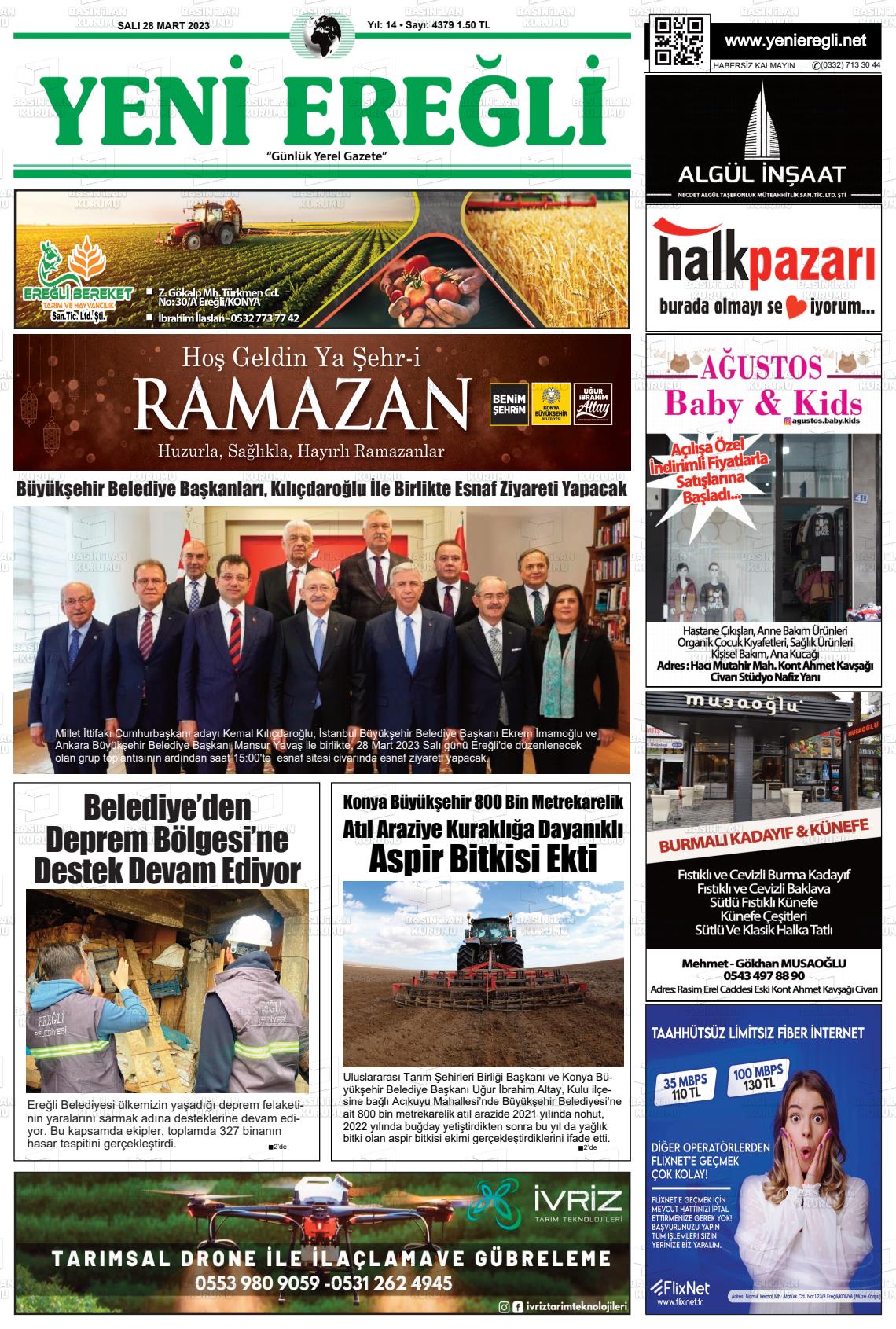 28 Mart 2023 Yeni Ereğli Gazete Manşeti
