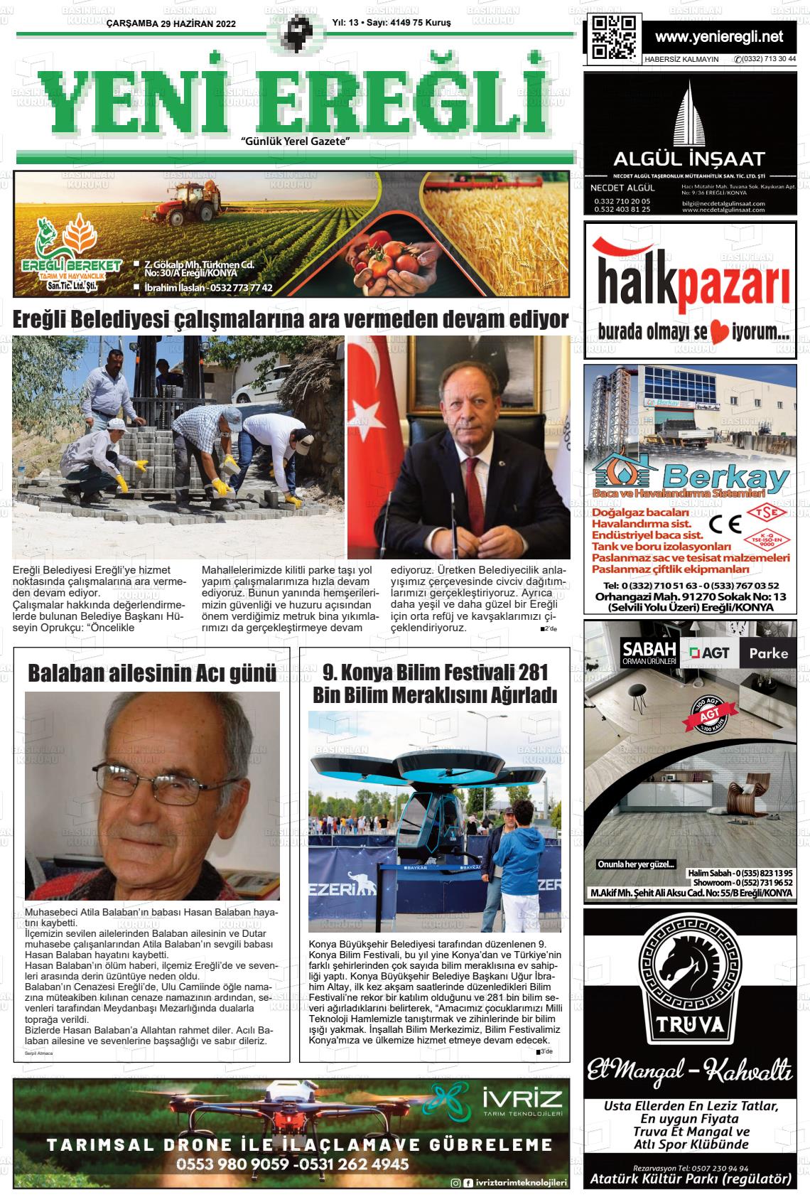 29 Haziran 2022 Yeni Ereğli Gazete Manşeti