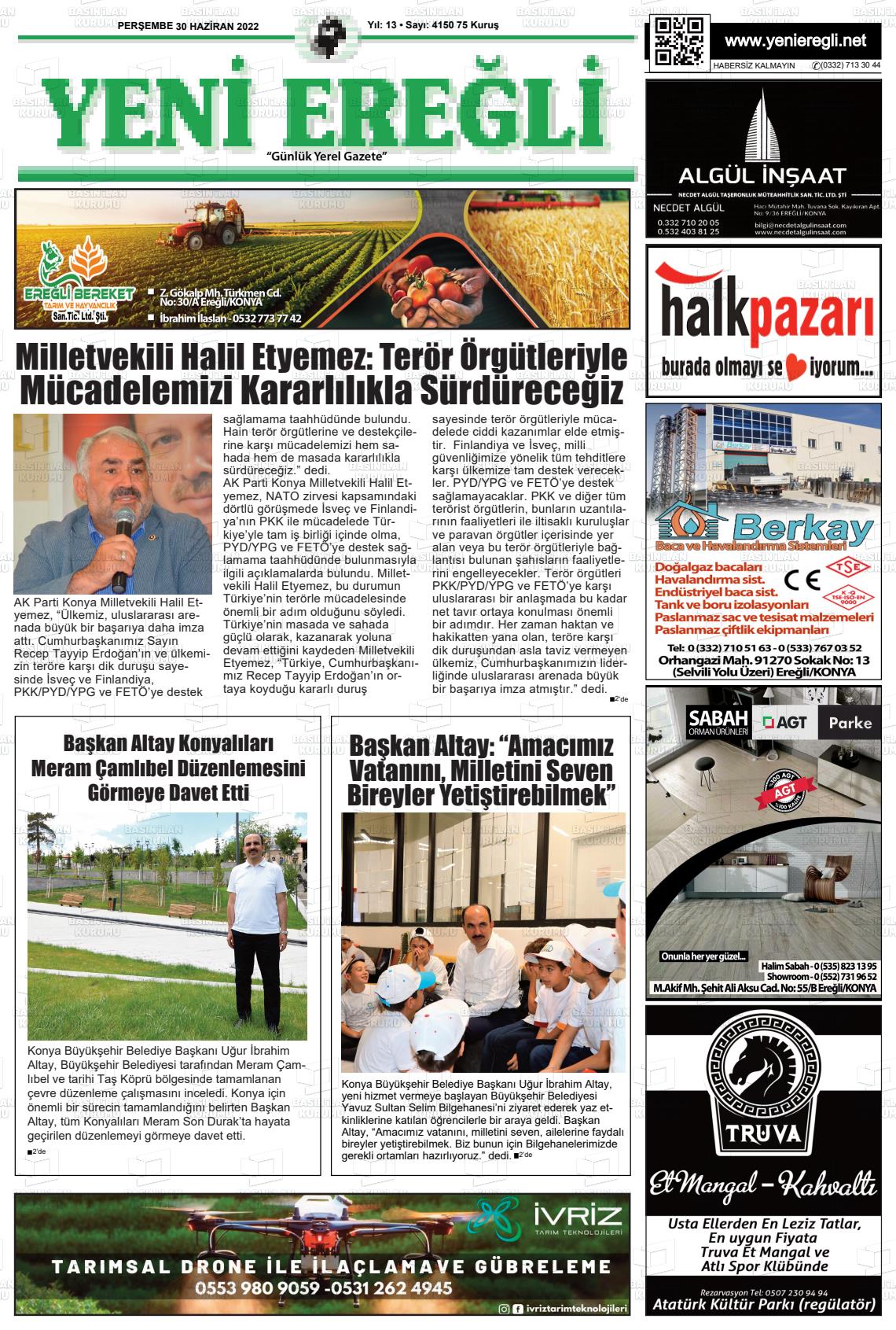 02 Temmuz 2022 Yeni Ereğli Gazete Manşeti