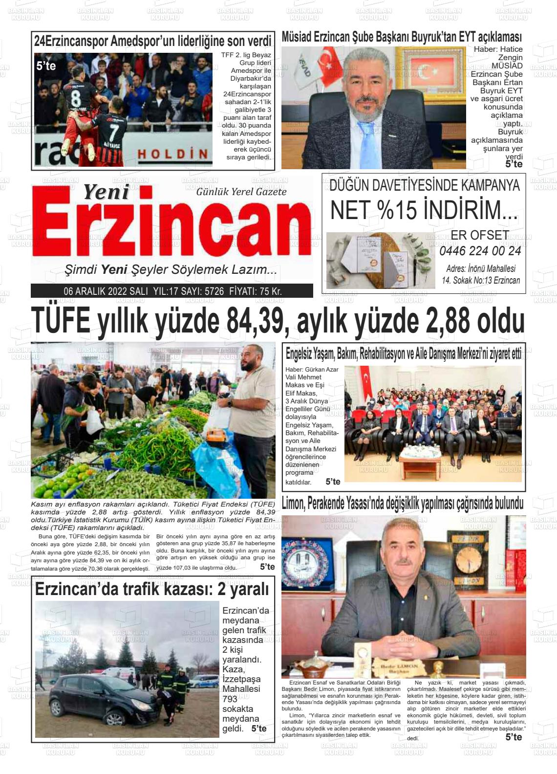 06 Aralık 2022 Yeni Erzincan Gazete Manşeti
