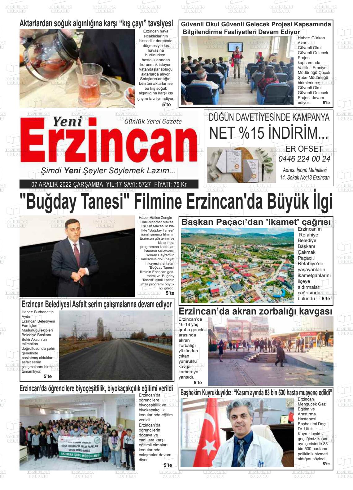 07 Aralık 2022 Yeni Erzincan Gazete Manşeti