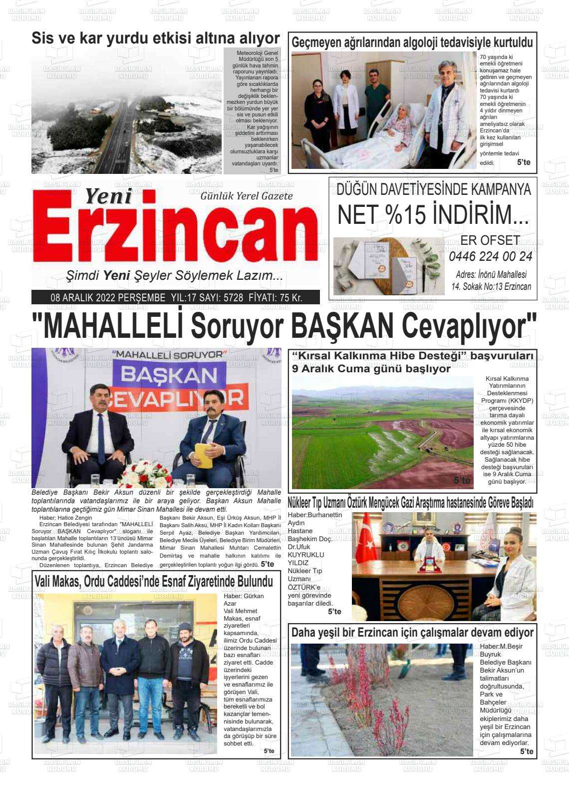 08 Aralık 2022 Yeni Erzincan Gazete Manşeti