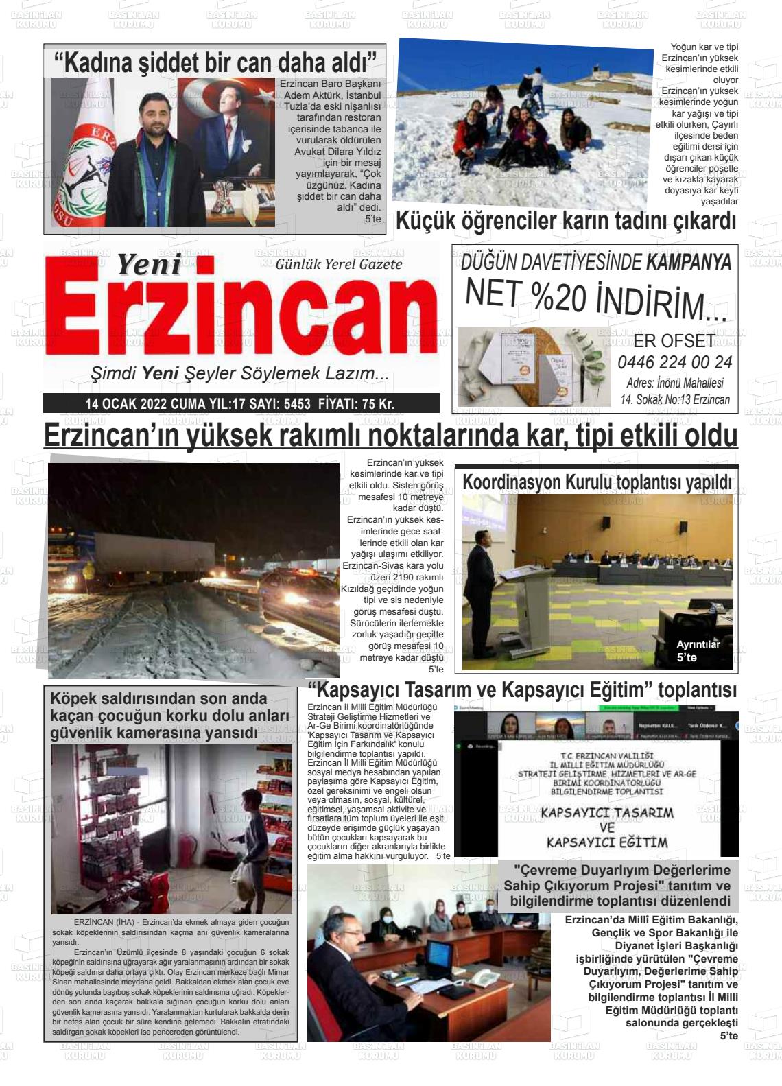 14 Ocak 2022 Yeni Erzincan Gazete Manşeti