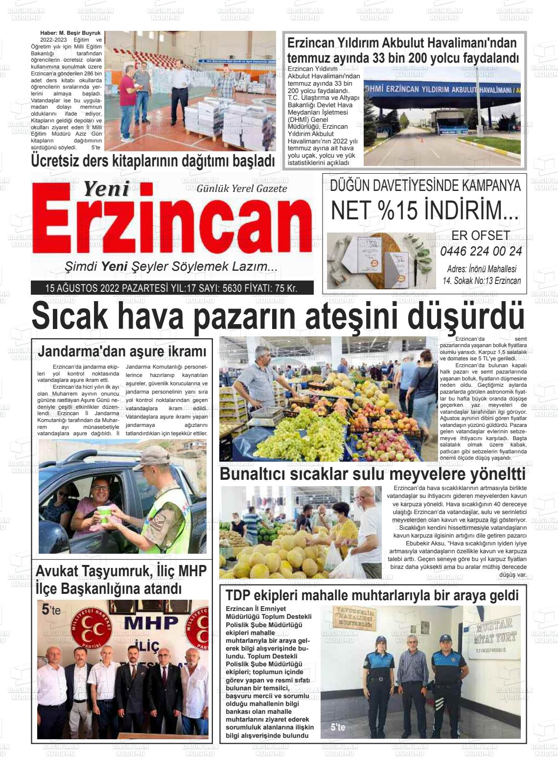 15 Ağustos 2022 Yeni Erzincan Gazete Manşeti