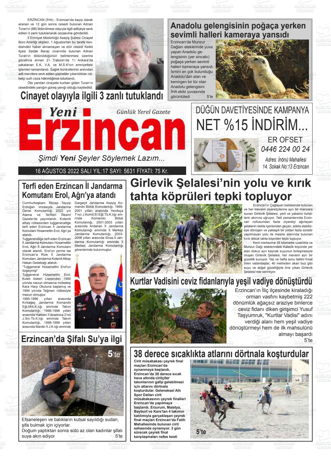 16 Ağustos 2022 Yeni Erzincan Gazete Manşeti