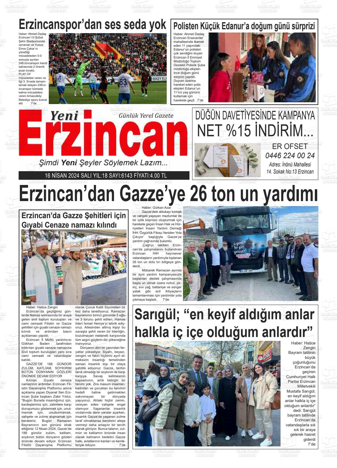 17 Nisan 2024 Yeni Erzincan Gazete Manşeti