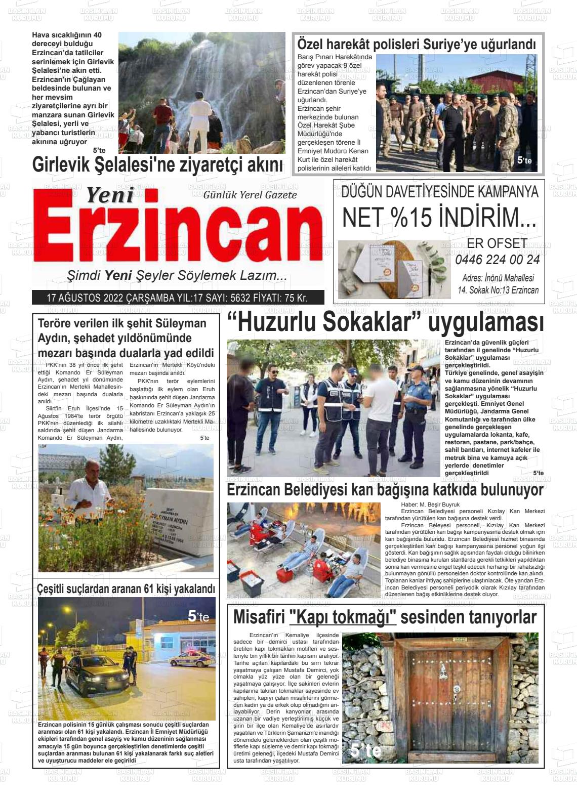 17 Ağustos 2022 Yeni Erzincan Gazete Manşeti