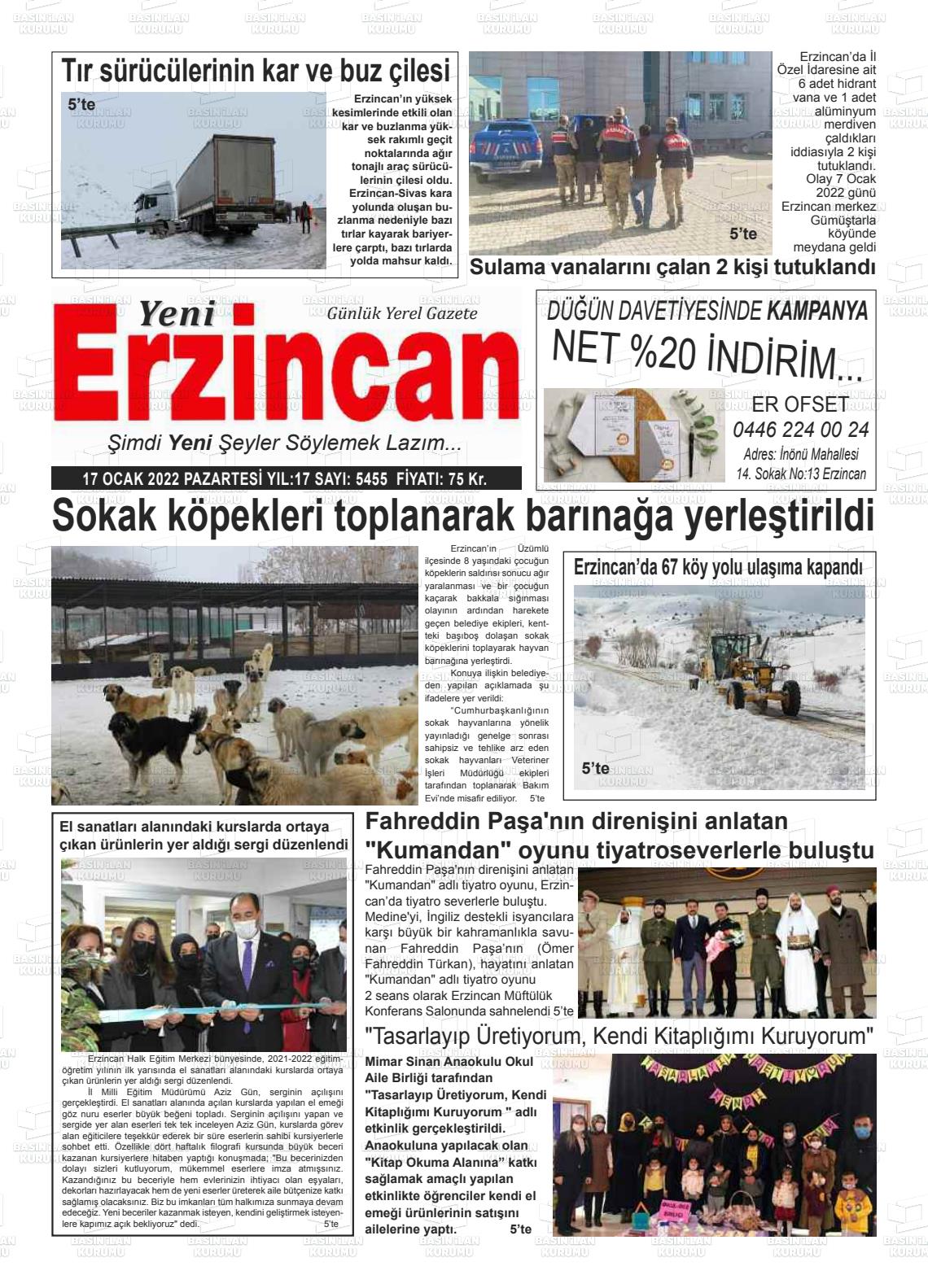 17 Ocak 2022 Yeni Erzincan Gazete Manşeti