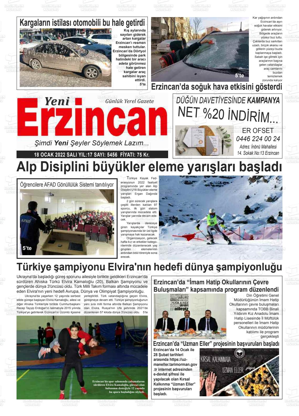 18 Ocak 2022 Yeni Erzincan Gazete Manşeti
